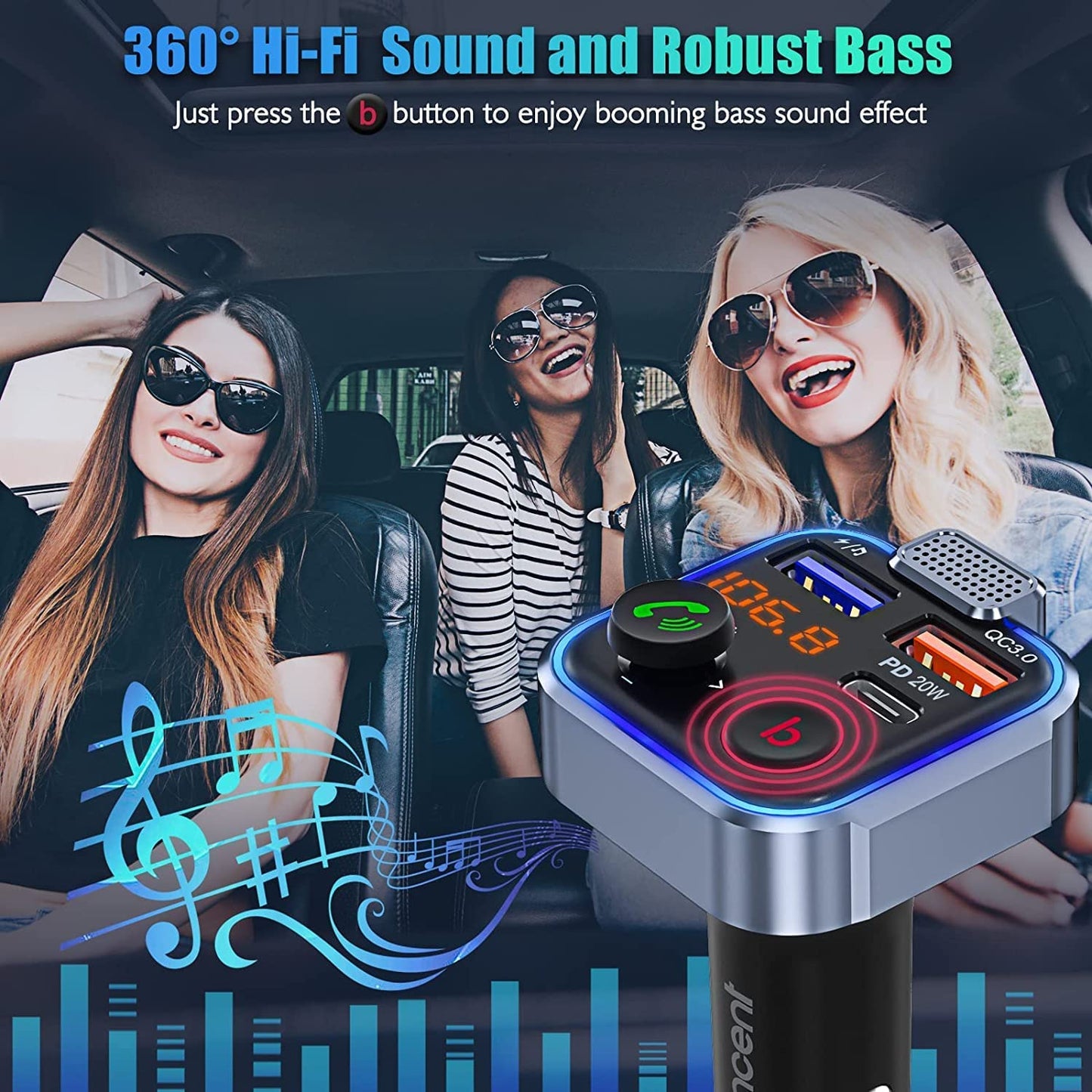 Car FM Transmitter with Wireless Bluetooth 5.0, PD3.0 Type C 20W+QC3.0 Car Fast Charger, Hands-Free Calling, Bass Lossless Hi-Fi Sound Support, and U Disk Compatibility