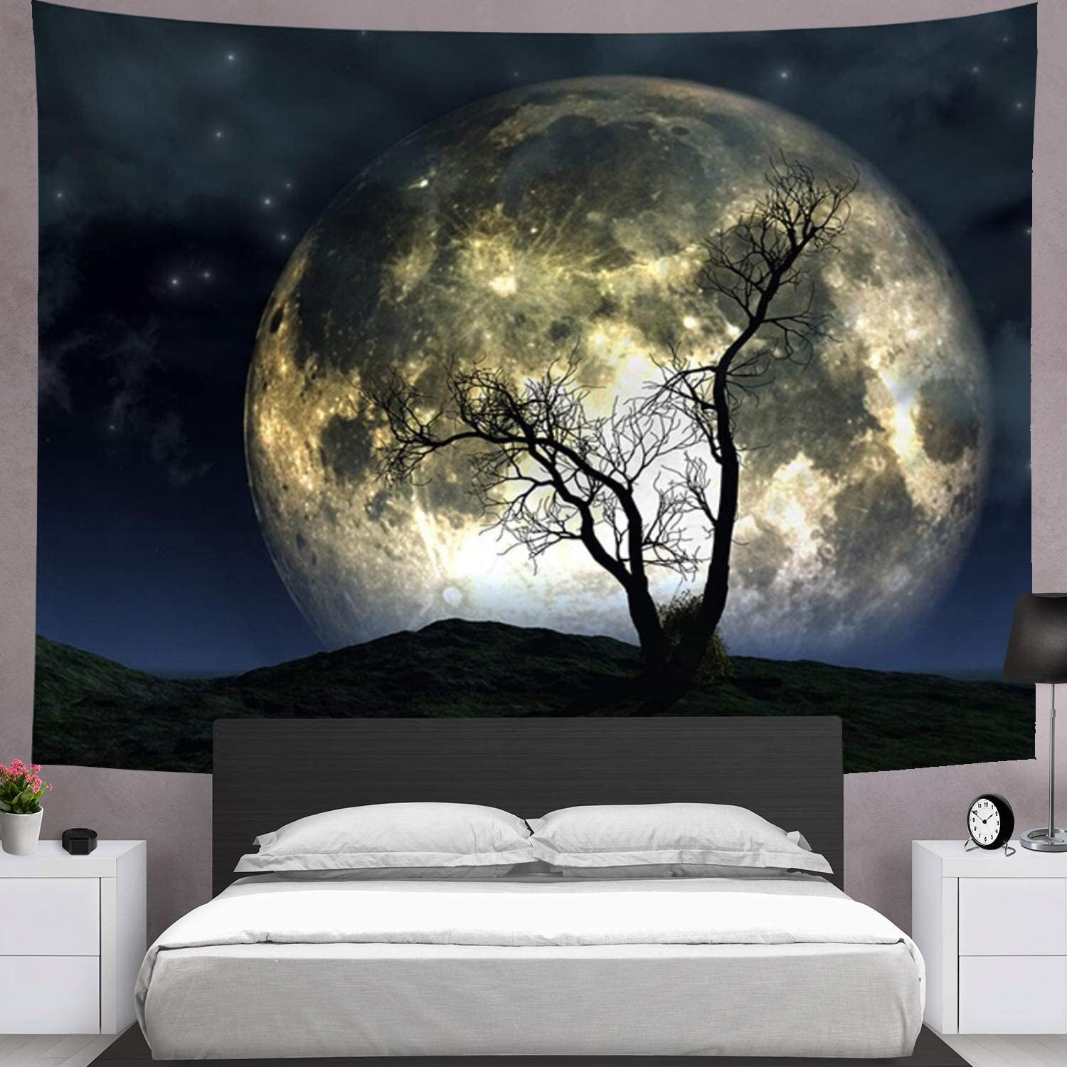 Starry Sky and Moon Tapestry - 51.2x59.1 Inch Galaxy and Tree Wall Hanging for Home Decor