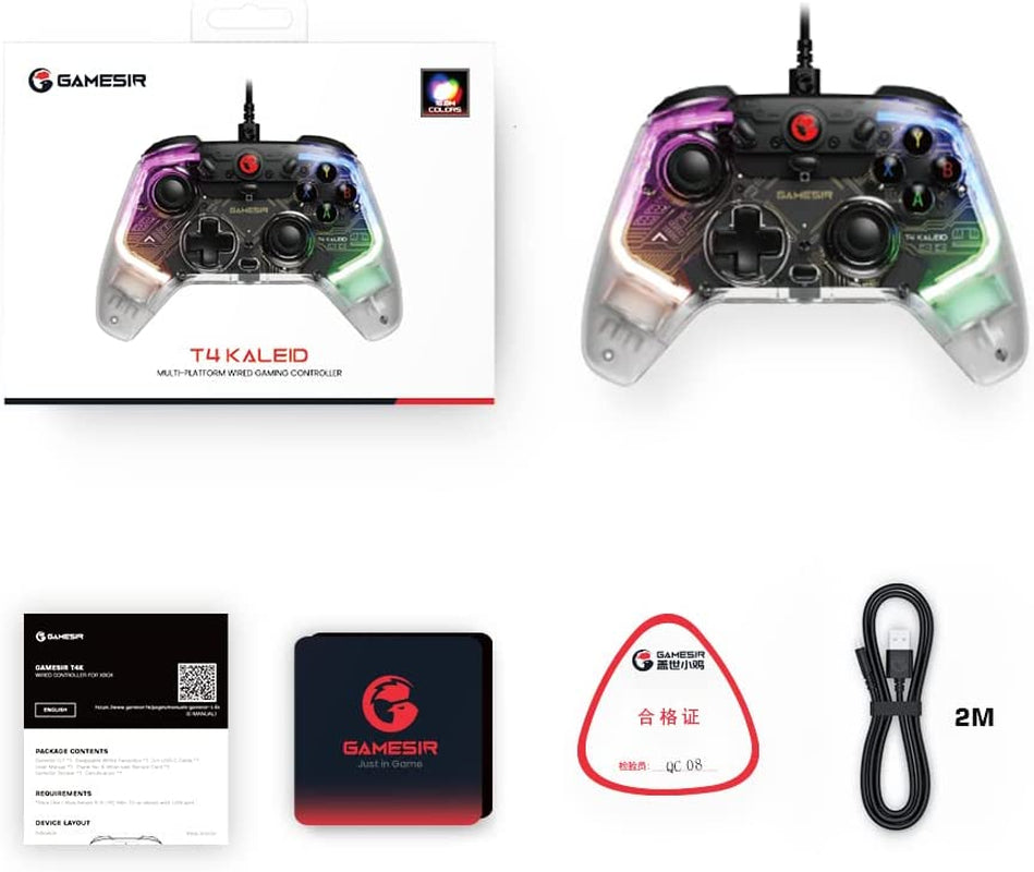 T4 Kaleid Transparent Wired Gaming Controller for Windows 10/11, Switch & Android TV Box, RGB Hue Color Lights, Gamepad PC Controller Joystick with Hall Effect Sticks /Hall Effect Triggers/Programmable/Built-in 6-axis Gyro/3.5mm Audio Jack