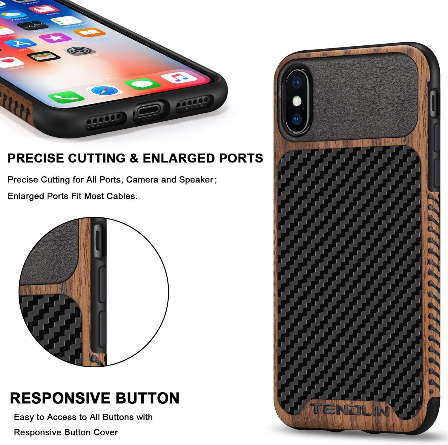 iPhone Xs Case/iPhone X Case with Wood Grain and Carbon Fiber Texture Design. Compatible with both iPhone X and iPhone Xs. Slim and stylish.