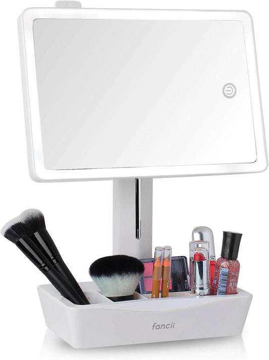 X-Large LED Lighted Vanity Makeup Mirror with 10X Magnifying Mirror - Features Dimmable Natural Light, Touch Screen Control, and Dual Power Options - Adjustable Stand with Integrated Cosmetic Organizer - Model: Gala.