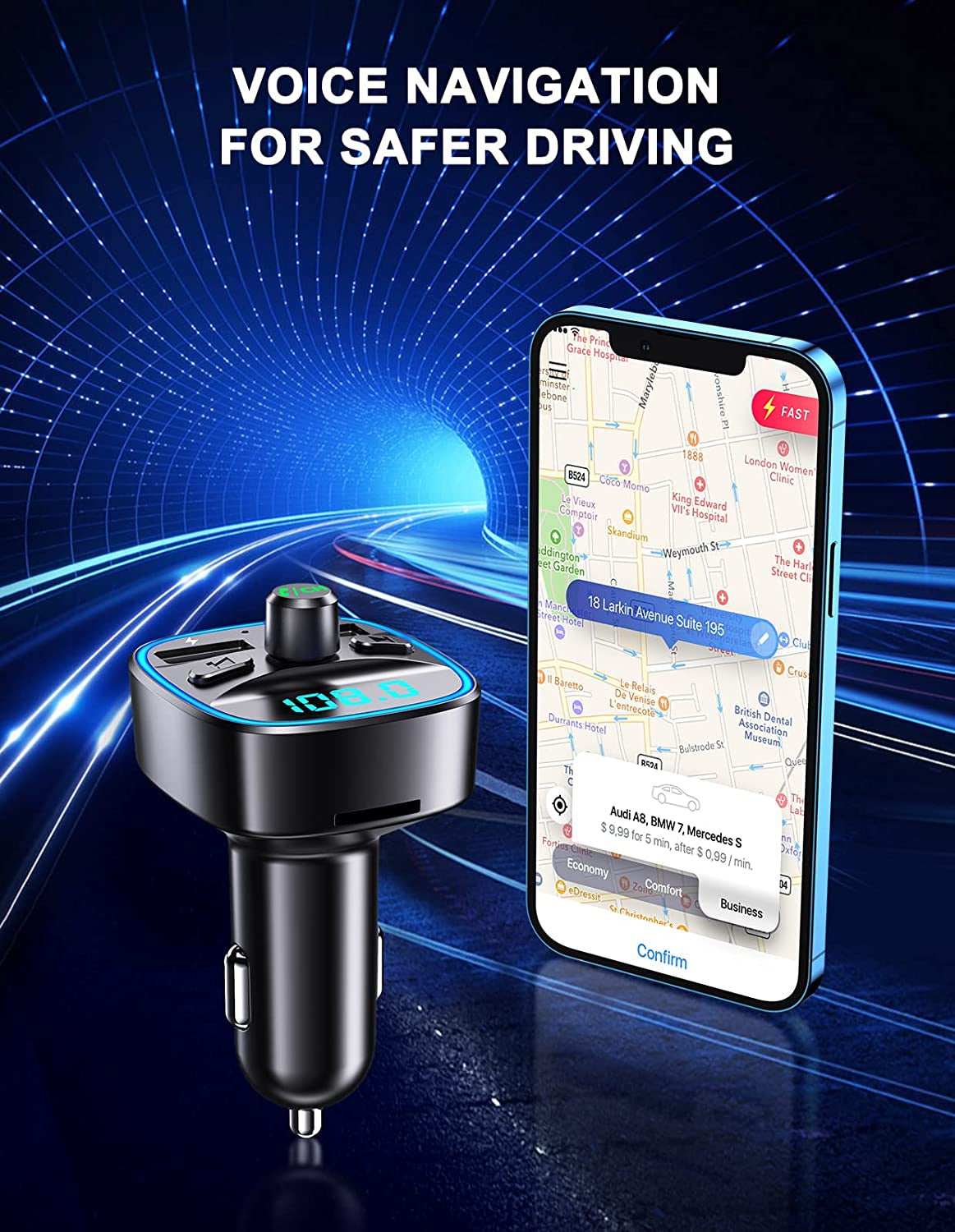 Bluetooth 5.0 FM Transmitter with Ambient Light, Dual USB Ports, Hands-Free Calling, and SD Card/USB U-Disk Support