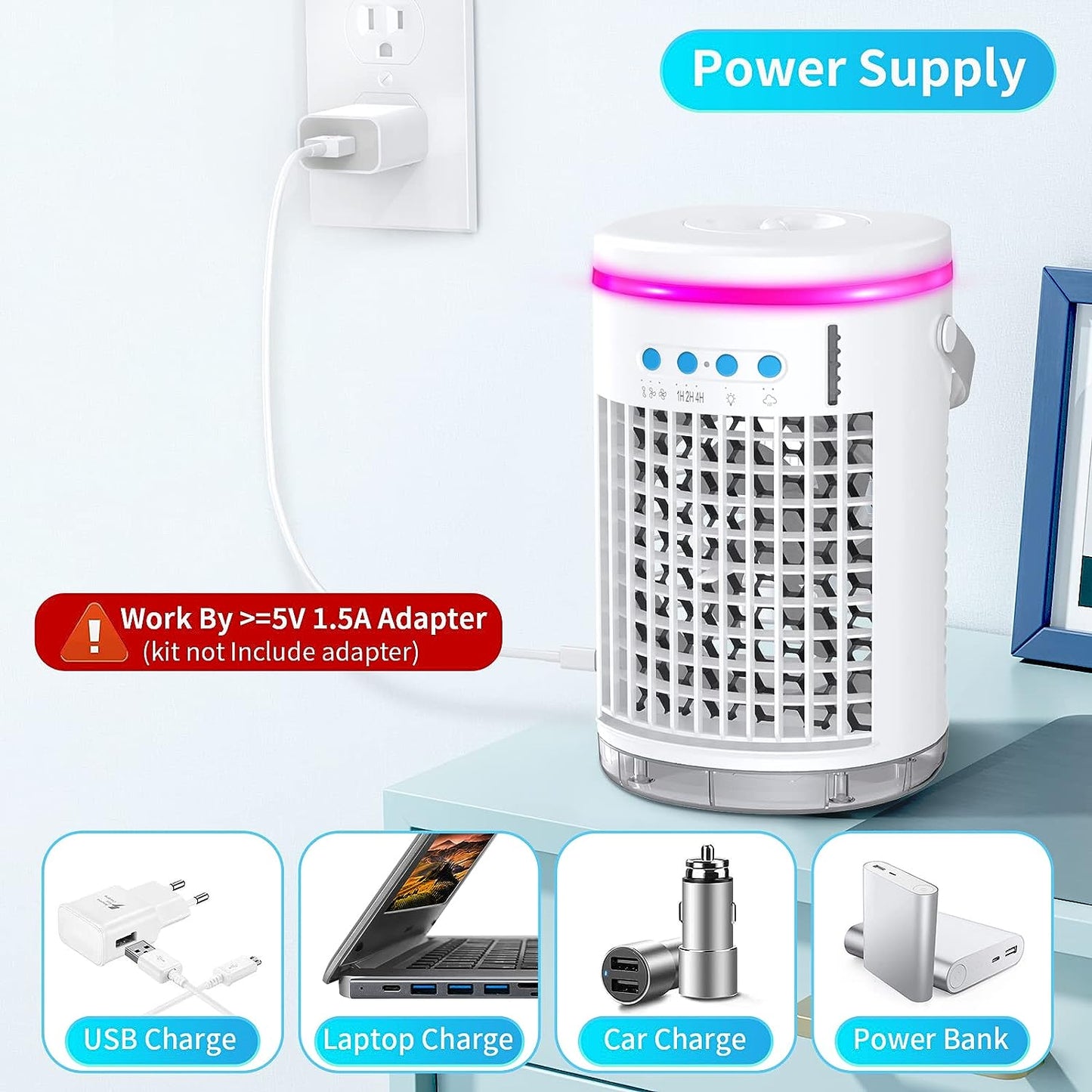 Versatile Portable Air Cooler Fan: Enjoy 3 Wind Speeds, 2 Misting Modes, and LED Light for Your Home, Office, or Bedroom - 1400ML Air Conditioner Fan in Blue and White