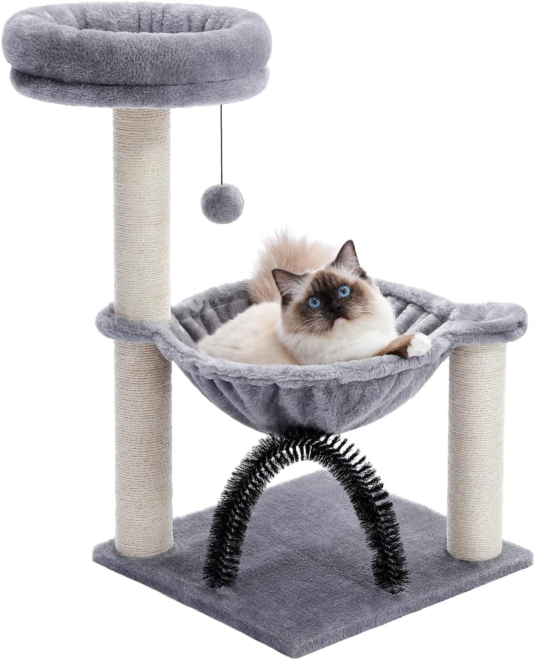 28" Small Cat Tree with Plush Hammock, Scratching Post, Top Perch, Cat Brush, and Dangling Ball - Ideal for Indoor Kittens - Grey