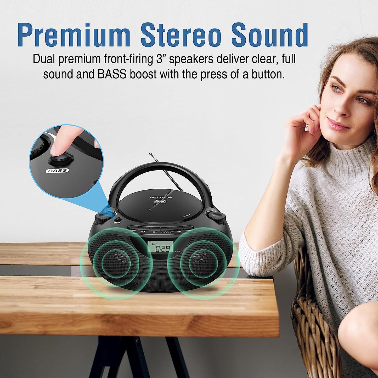 Portable Stereo CD Player Boombox - AM/FM Radio, Bluetooth, USB, AUX-in, Headphone Jack, CD-R/RW and MP3 CDs Compatible - Clear Sound with Bass Boost - AC/Battery Operated (Black)