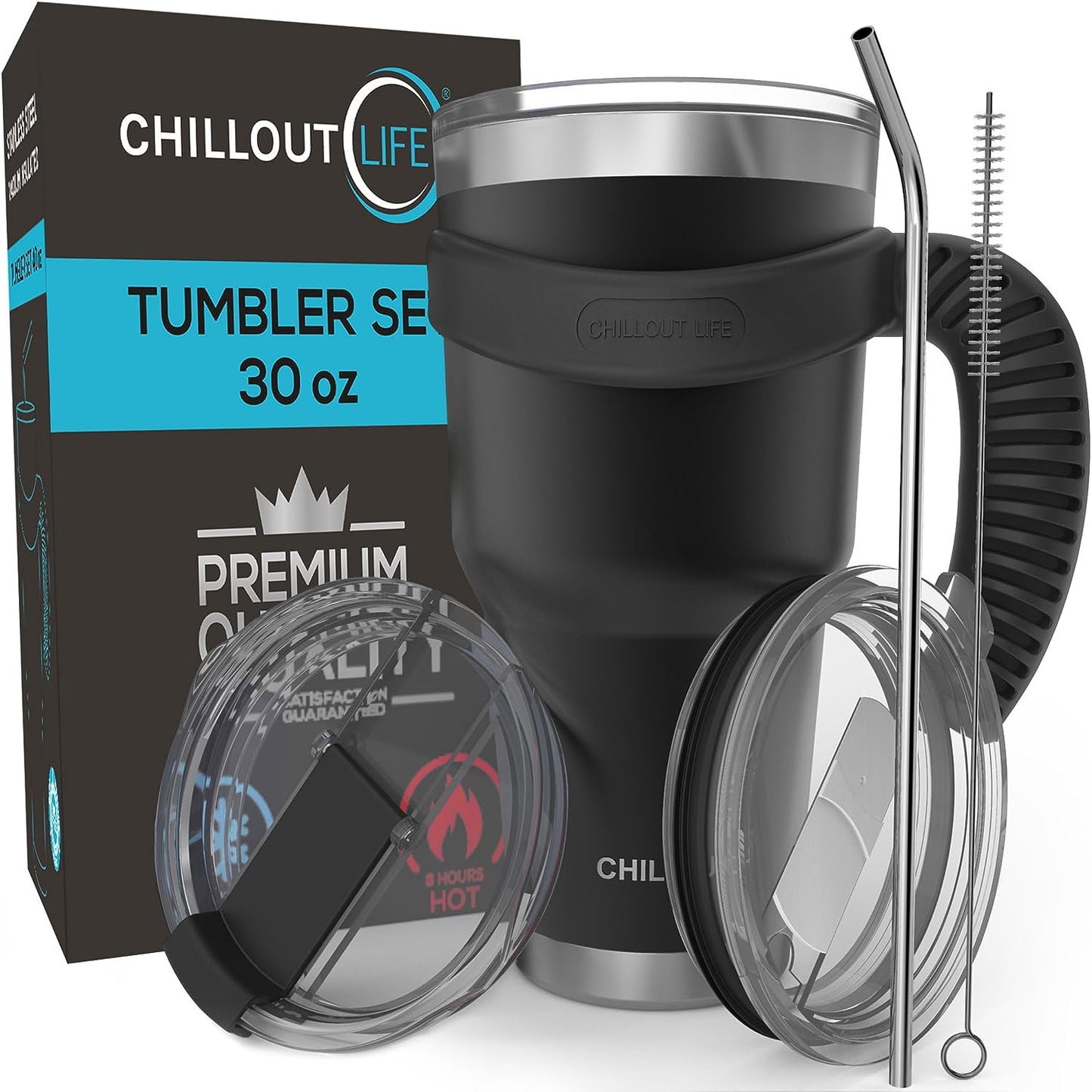 Stainless Steel Travel Mug Bundle: 30oz Tumbler with Handle, Straw, Cleaning Brush, and 2 Lids, Double Wall Insulated for Large Coffee - Color: Black