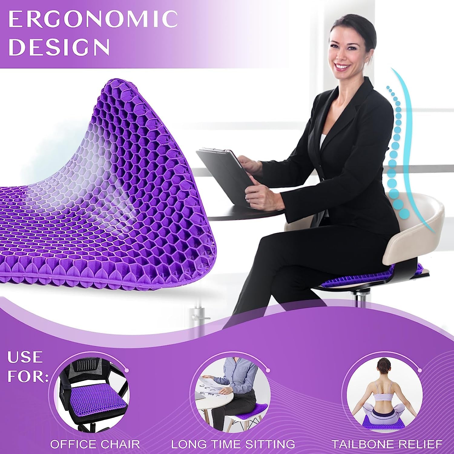 Durable Gel Seat Cushion for Office Chair and Car Seat - Provides Lower Back, Tailbone, Spine, and Hip Support - Enhances Circulation and Promotes Proper Sitting Posture