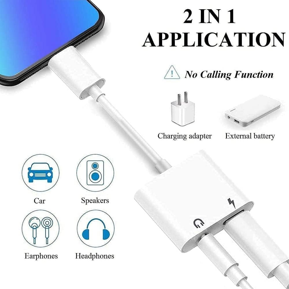 2-in-1 Headphone Jack Adapter for iPhone - Combines a 3.5mm Jack AUX Audio Dongle and Charging Cable Connector, Compatible with iPhone 11, 7, 8 Plus, X, 10, XS, XS Max, XR, and Supports All iOS Systems.