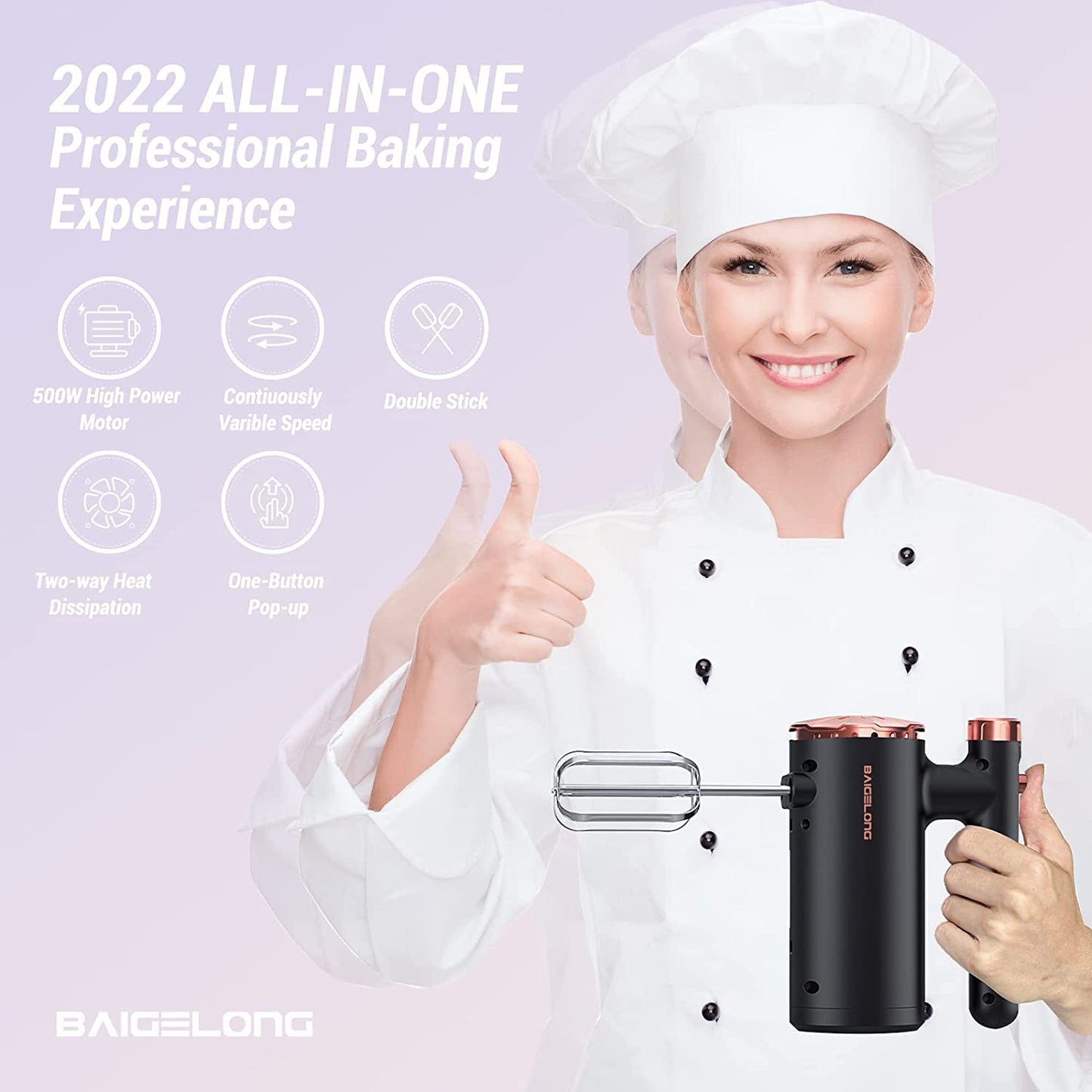 500W Ultra Power Electric Hand Mixer with Variable Speed Control - Includes 5 Stainless Steel Accessories for Baking, Dishwasher Safe - Black Rose Gold Color