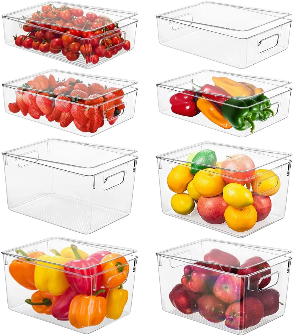 8-Pack Refrigerator Organizer Bins with Lids - Clear Plastic Freezer and Fridge Organizers, Designed for Kitchen, Cabinets, and Pantry Organization; Ideal for Storing Food Items.