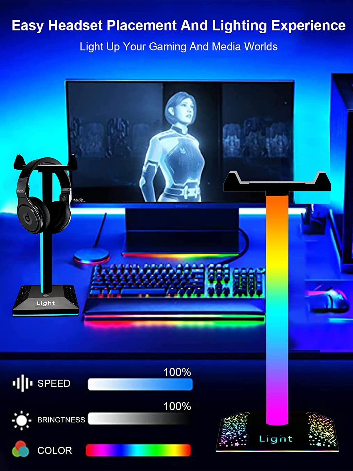 RGB Gaming Headphone Stand Light with USB Port - Ideal Desktop PC Gaming Stand Light for Gaming Headset Accessories - Great Gift for Husband, Kids, Boyfriend