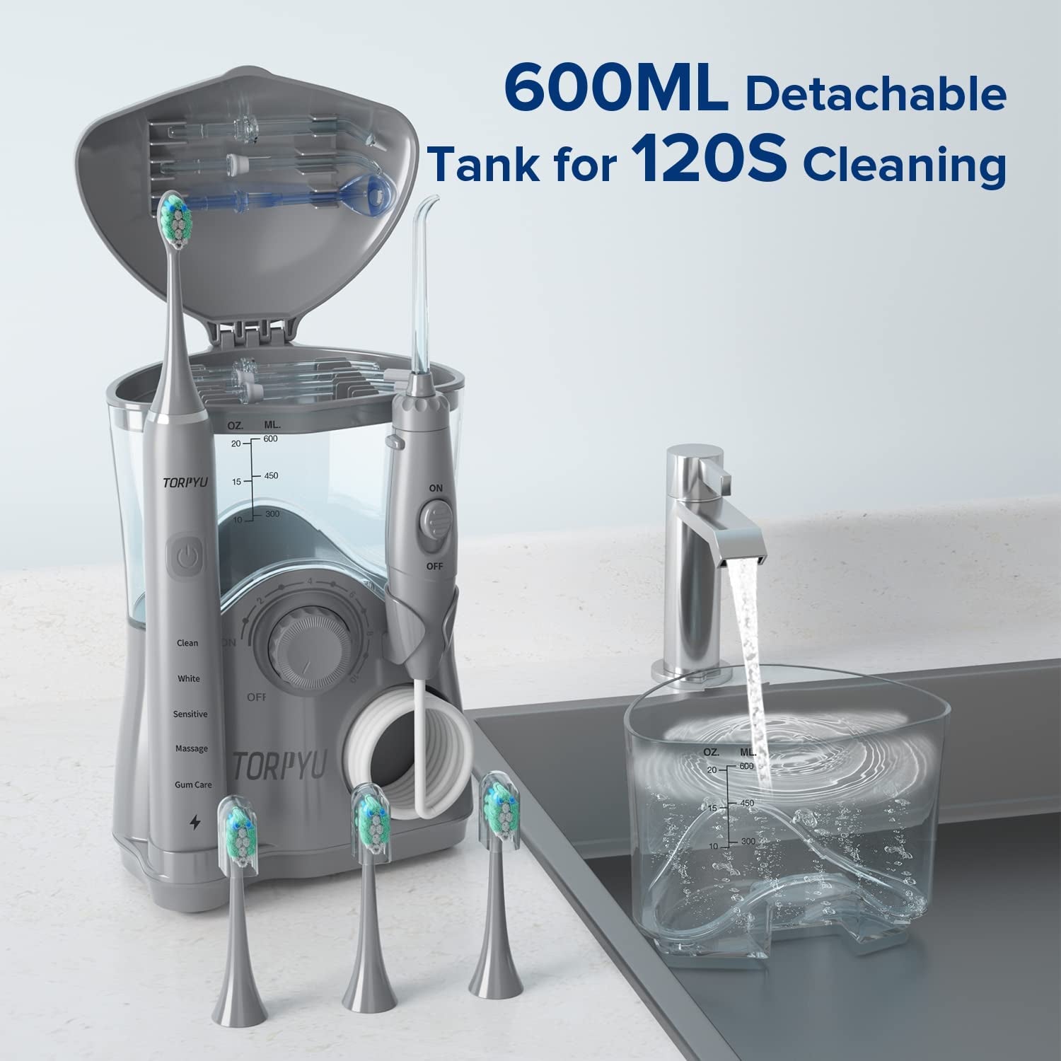 Water Flosser and Toothbrush Combo: 600ml Electric Water Toothbrush with 7 Jet Tips and 4 Brush Heads for Whitening Teeth, Gray Electric Flosser for Effective Teeth Cleaning.