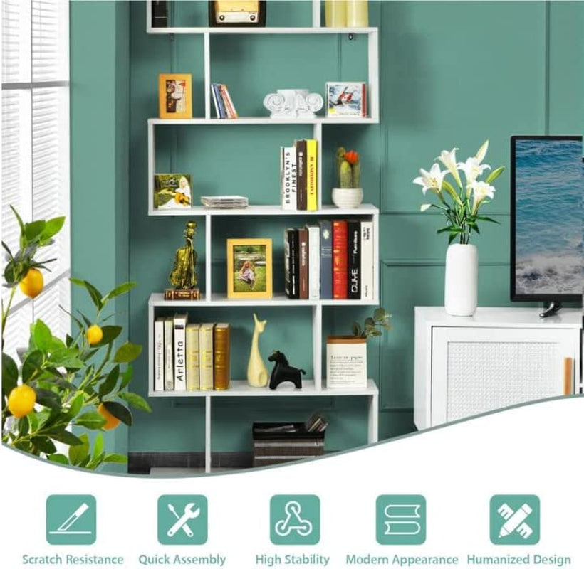 6-Tier Wooden S-Shaped Bookshelf in White - Ideal for Living Room, Bedroom, and Study Room Display.