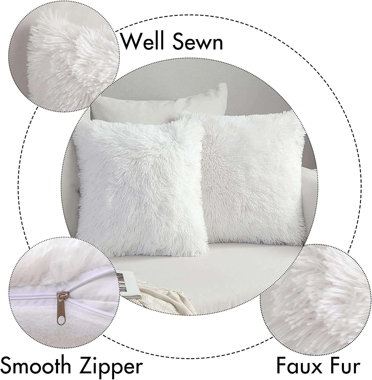 Set of 2 Deluxe Faux Fur Throw Pillow Covers: Add a touch of luxury to your decor with these Plush Decorative Pillow Cases. Perfect for Sofas, Bedrooms, and Cars. Each cover measures 20 x 20 inches in White.