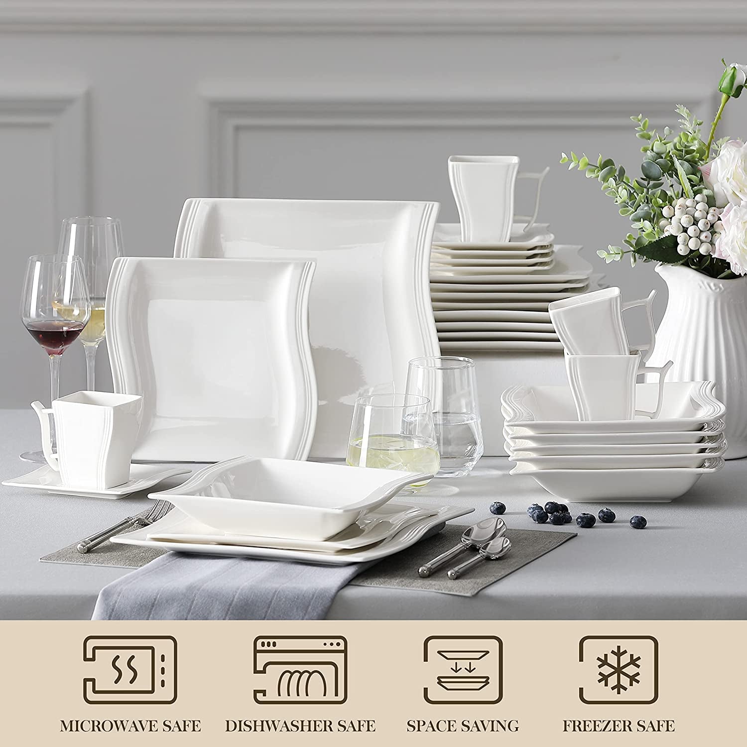 30-Piece Square Dinnerware Set, Elegant Porcelain Ivory White Dining Set, Includes Dinner Plates, Pasta Bowls, Cups, and Saucers, Service for 6, Flora Series