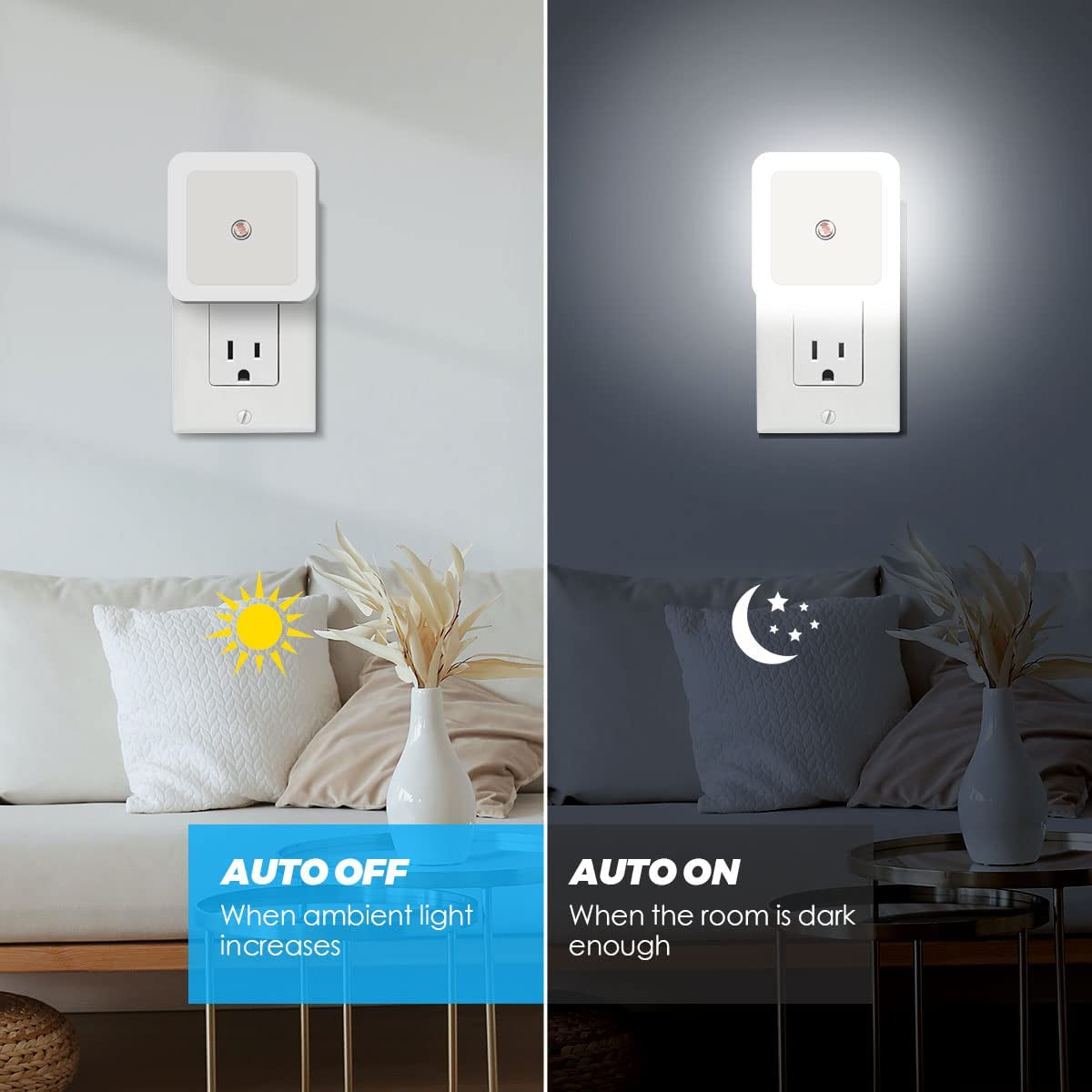 Night Light 8-Pack: These LED Night Lights plug into the wall and feature a Dusk to Dawn Light Sensor. They are ideal for Kids' Bedrooms, Bathrooms, Toilets, Hallways, and Nurseries. The Night Lights have an Auto On/Off function