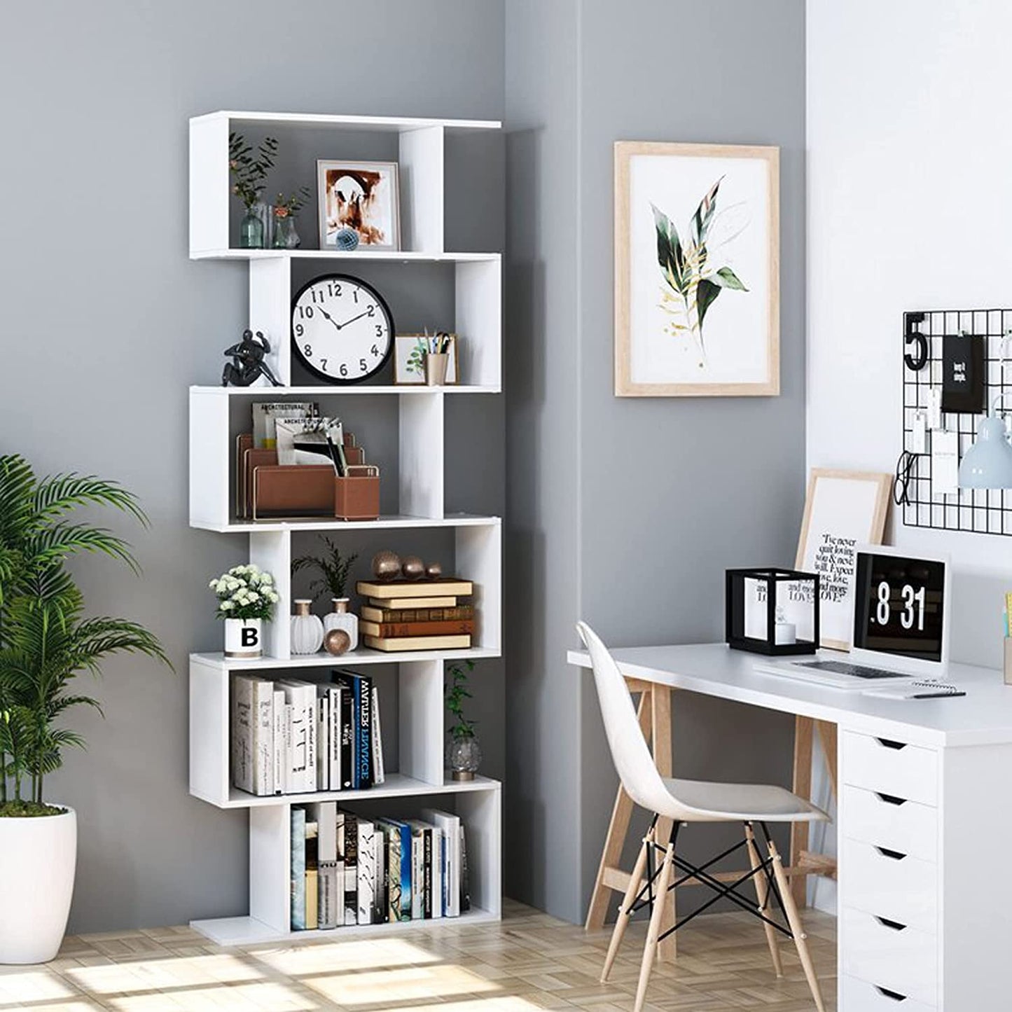 6-Tier Wooden S-Shaped Bookshelf in White - Ideal for Living Room, Bedroom, and Study Room Display.