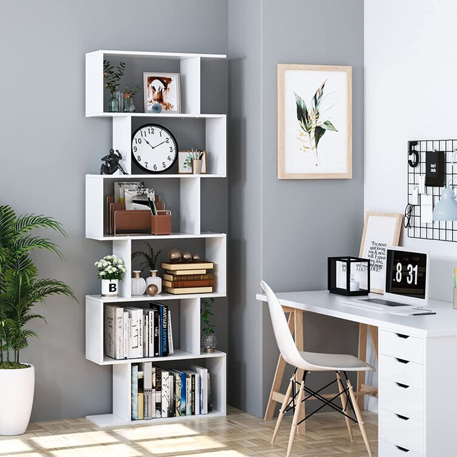 6-Tier Wooden S-Shaped Bookshelf in White - Ideal for Living Room, Bedroom, and Study Room Display.