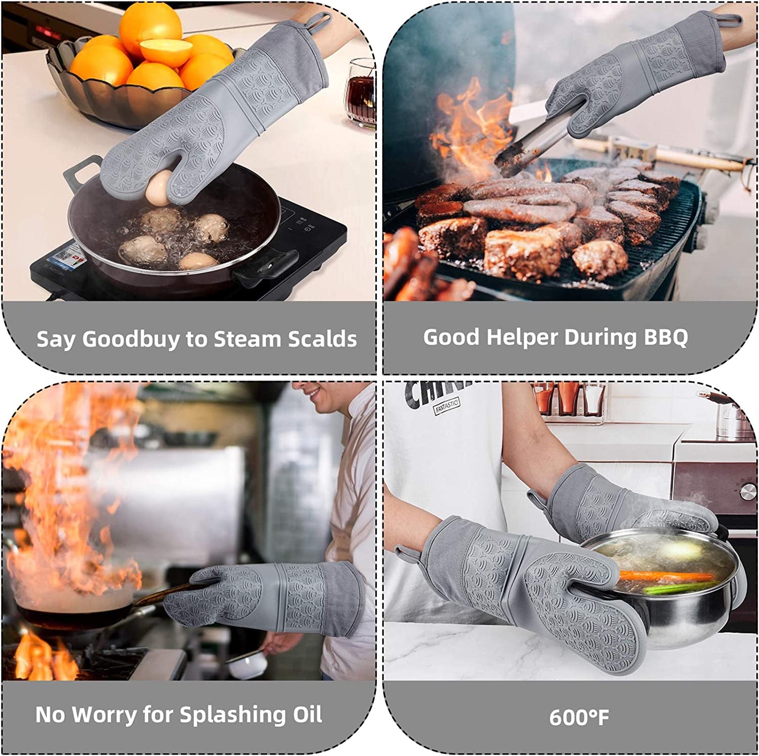 Heat-Resistant Silicone Oven Mitts & Pot Holders Set - Withstands Temperatures up to 600°F, Extra-Long Oven Gloves for Flexible Use in Kitchen Cooking, Baking, Grilling, and Microwave, Features Quilted Liner for Comfort and Non-Slip Grip, BPA-Free Design