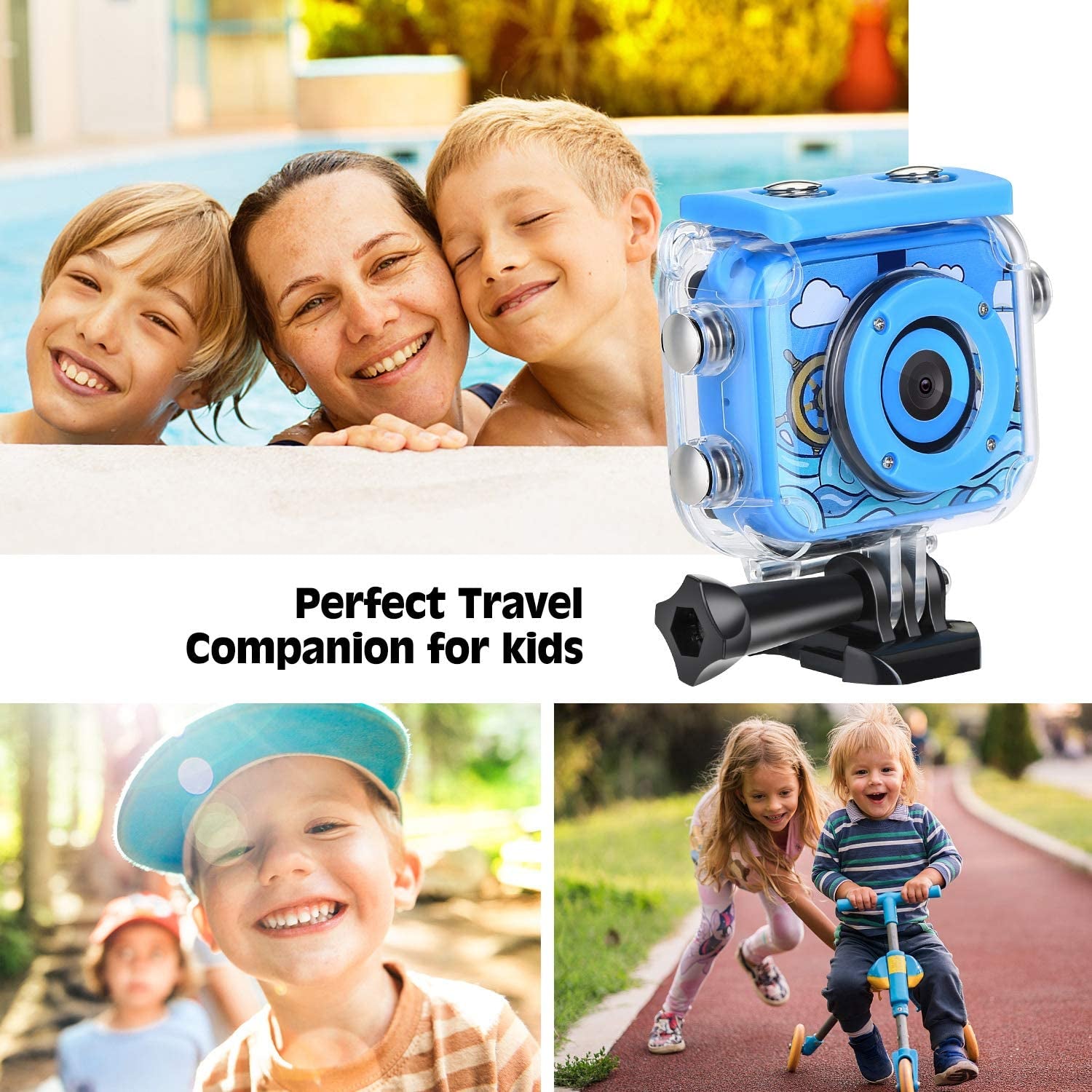 Kids Waterproof Camera - A Digital Underwater Action Camera designed for Kids aged 3-13. It's a perfect Christmas or Birthday Gift, comes with a 32GB TF Card and an Anti-Fall Silicone Case, available in Blue.