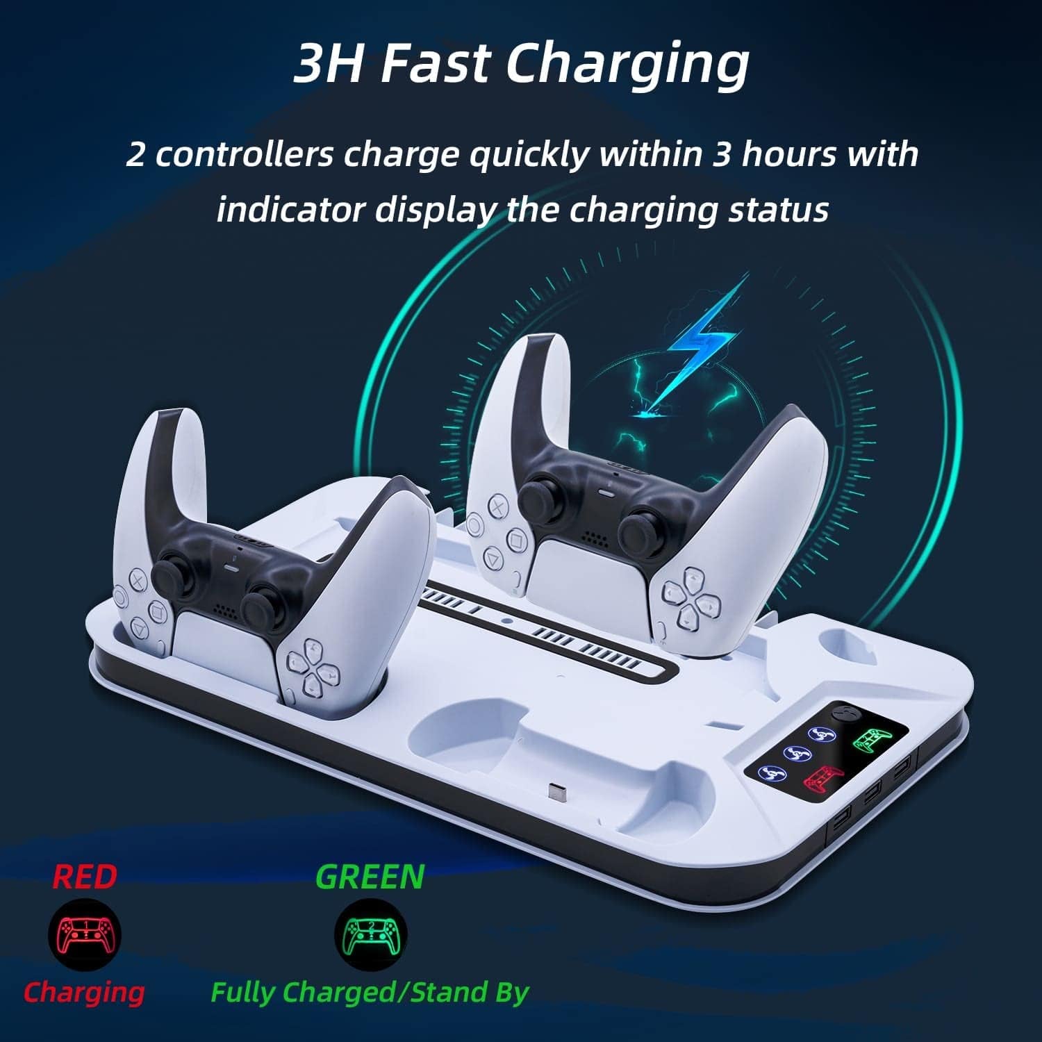 PS5 Cooling Stand with 3-Level Speeds Cooling Fan, Game Storage, Dual Controllers Charger, Headset Holder, and LED Indicators - White