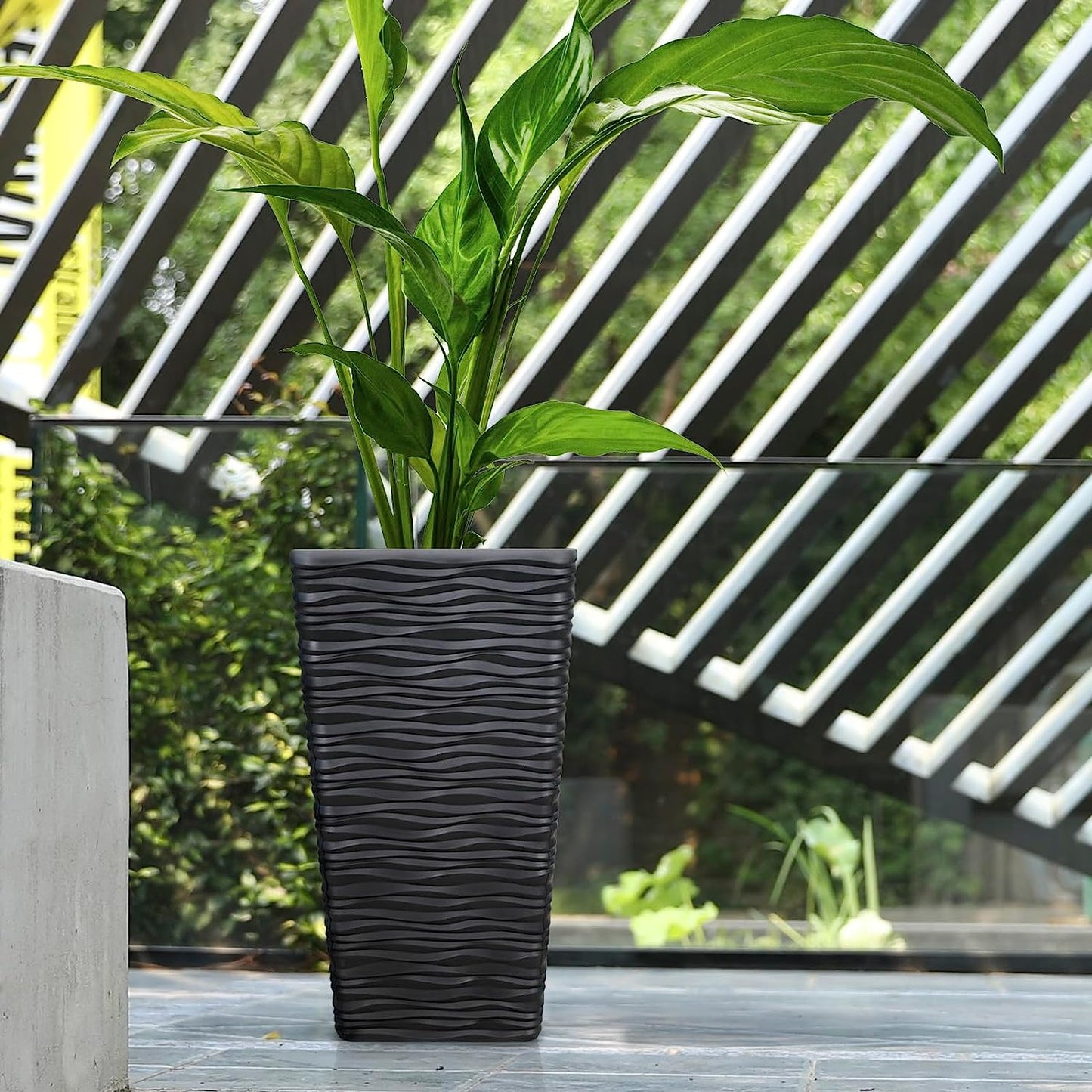 Large Square Planters for Outdoor and Indoor Resin Tree Planting - 22 Inch Modern Matte Wavy Finish Decorative Black Containers - Set of 2