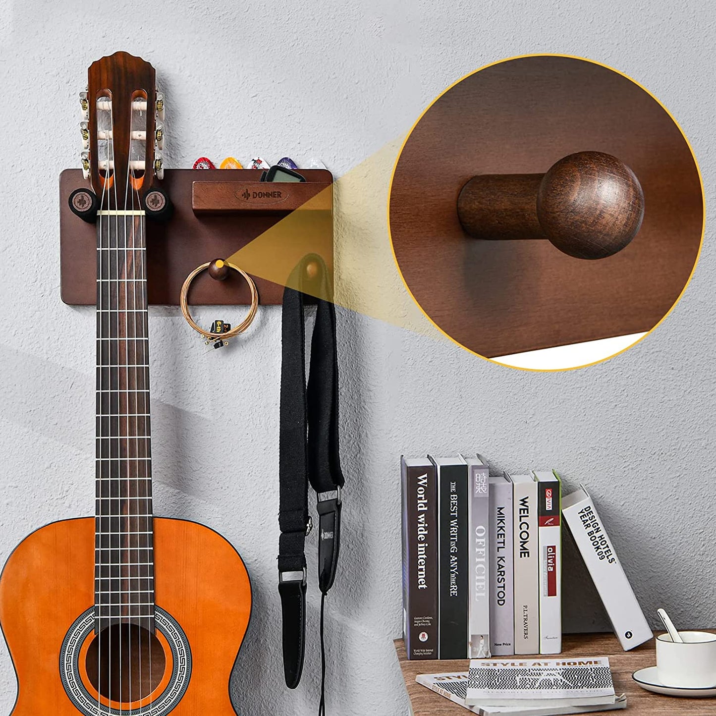 Guitar Wall Mount Shelf - This Guitar Wall Hanger comes with a Storage Shelf, Pick Holder, and 2 Hooks. It's designed for securely hanging Electric Guitars, Acoustic Guitars, Bass Guitars, and Guitar Accessories while also providing storage space.