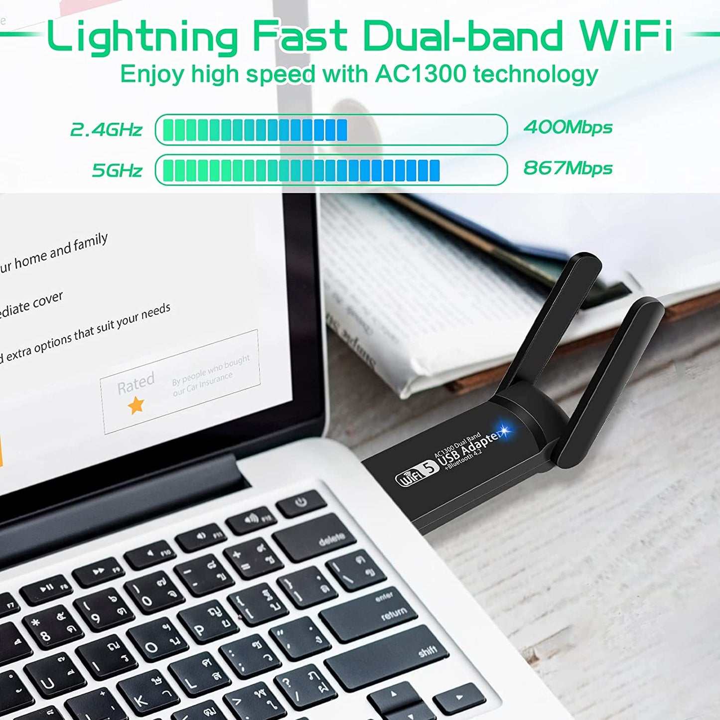 Dual-Band USB WiFi Bluetooth Adapter: Achieve Speeds of up to 1300Mbps on 2.4GHz and 5GHz Frequencies. This Compact Wireless Network External Receiver serves as a Mini WiFi Dongle for PC, Laptop, and Desktop Devices.