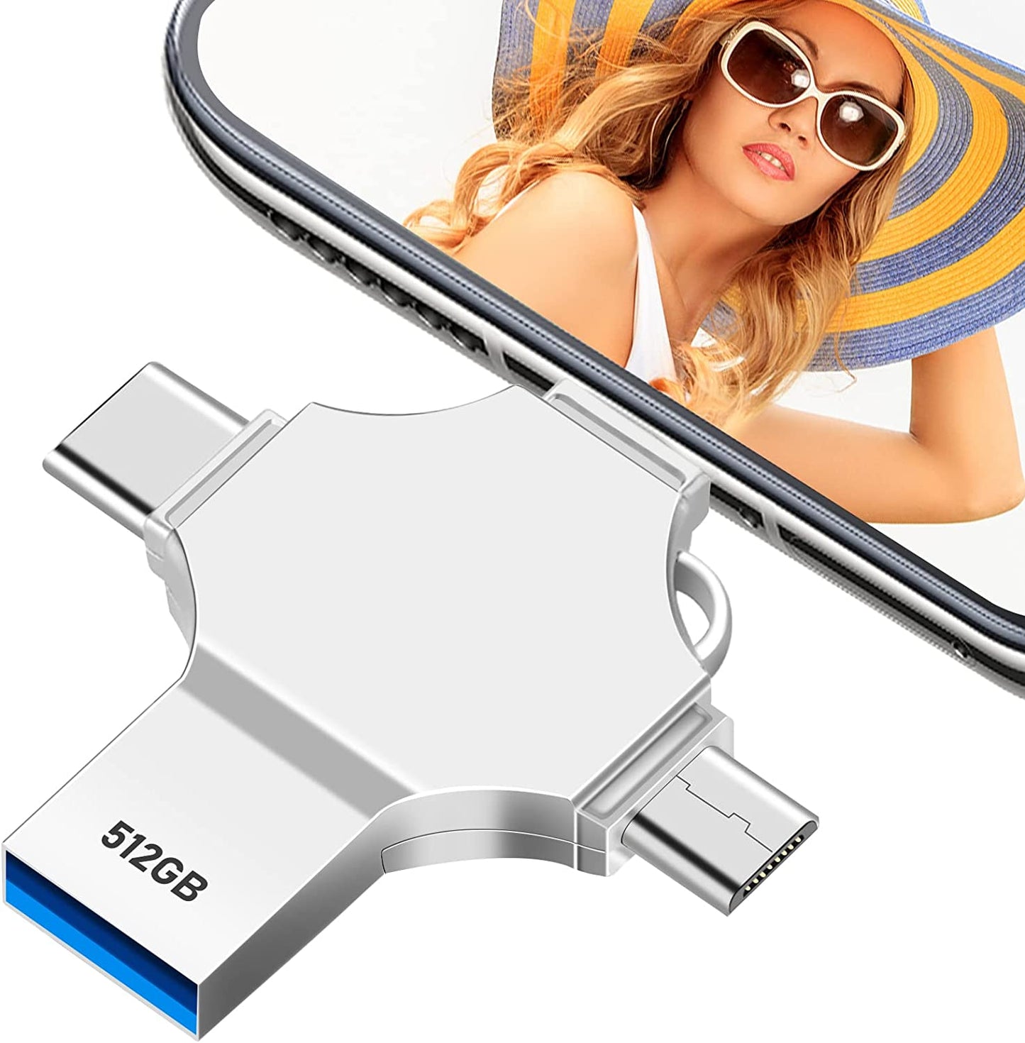  512GB USB Flash Drive: 4-in-1 Metal Thumb Drive for Smart Devices, OTG Android, Computers, and Tablets - High-Speed USB Memory Stick with Photo Storage and External Storage Capabilities