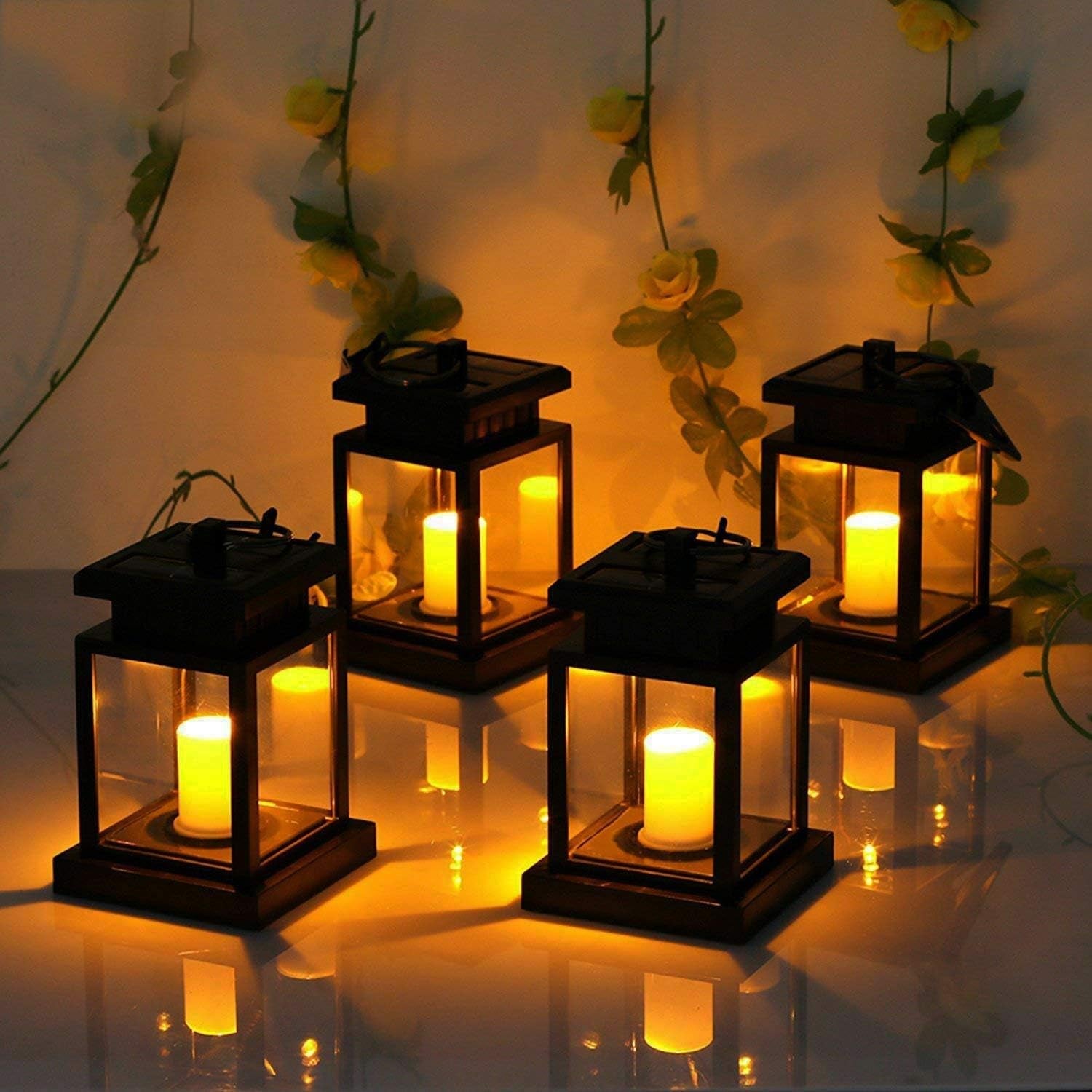 Hanging Solar Lantern Light Outdoor,  Decorative Waterproof Metal LED Garden Lights,Hanging Solar Light for Hanging Garden Lantern Table Lamp Night Light Warm Lighting - 4 Pack