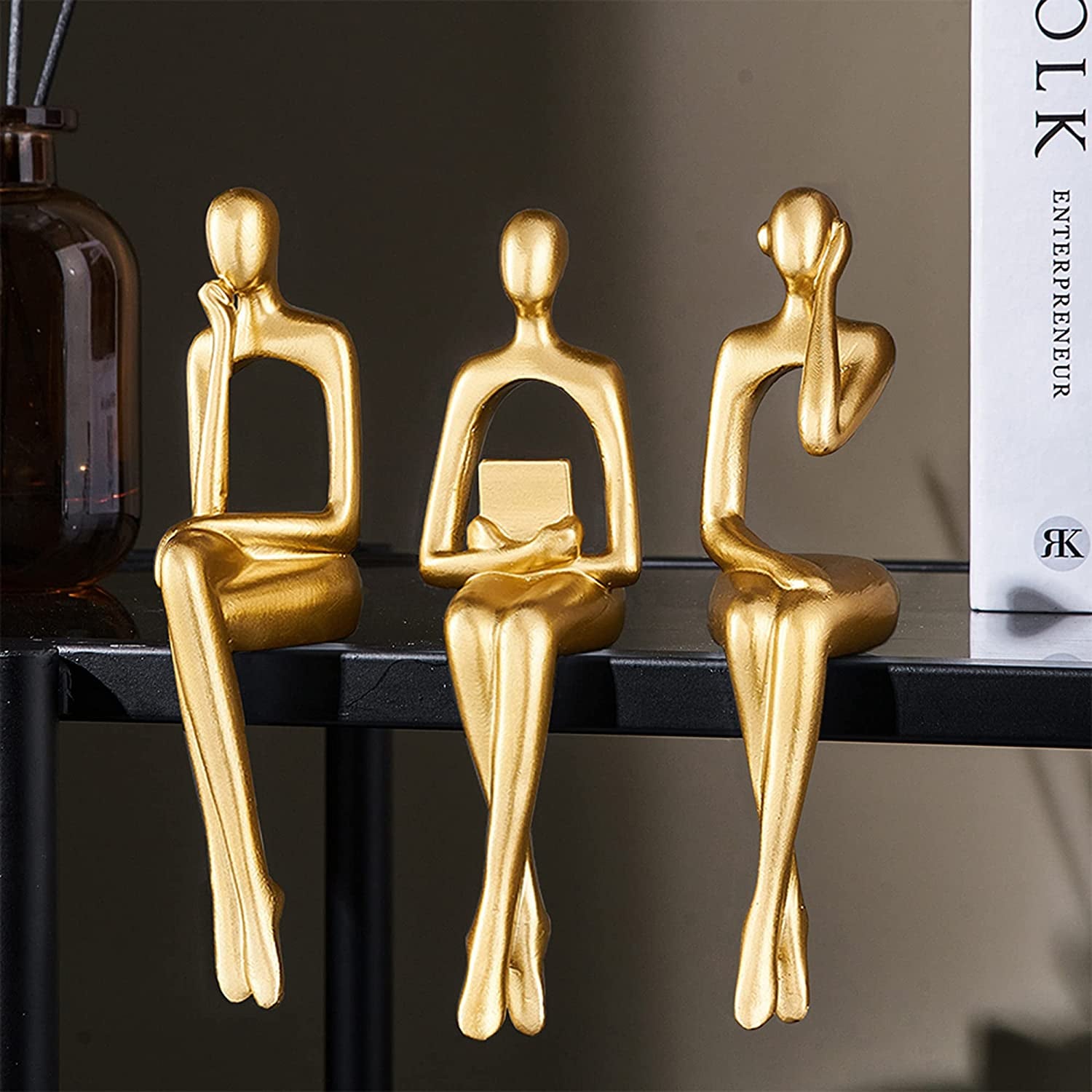 3-Piece Gold Statue Home Decor Set - Modern Figurines for Living Room, Shelf, Bookshelf, Desk, and Table Decorations.