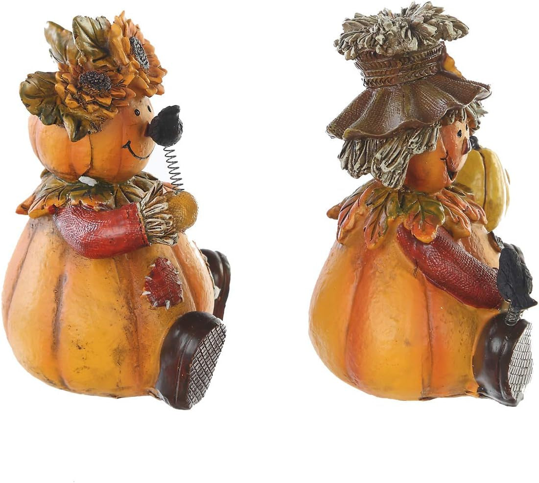 Set of 2 Polystone Table Decor Fall Harvest Statues - These Pumpkin People Dolls are perfect for adding a seasonal fall accent to your home decor.