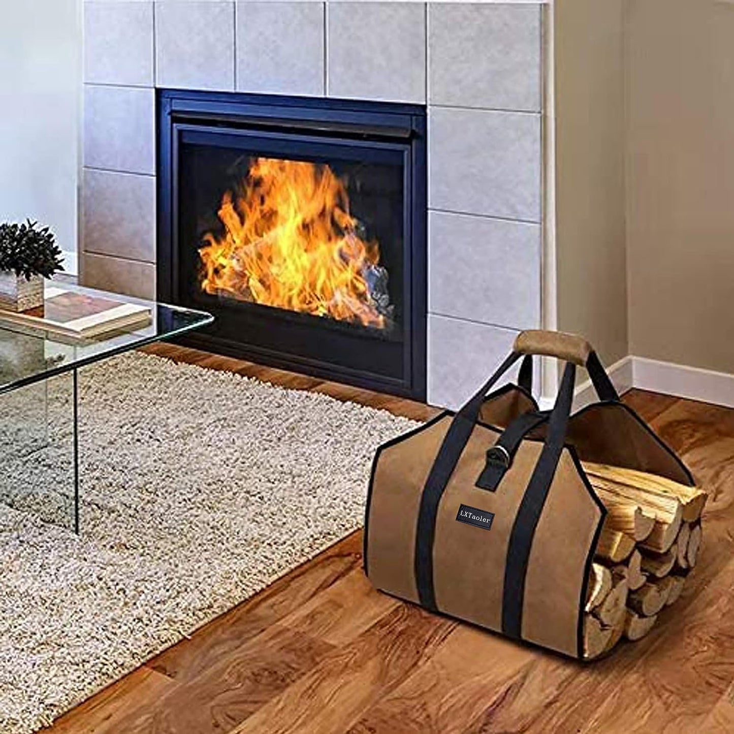 Canvas Firewood Tote with Handle - Sturdy Firewood Log Carrier Bag for Fireplaces and Camping, 39 x 18 Inches 