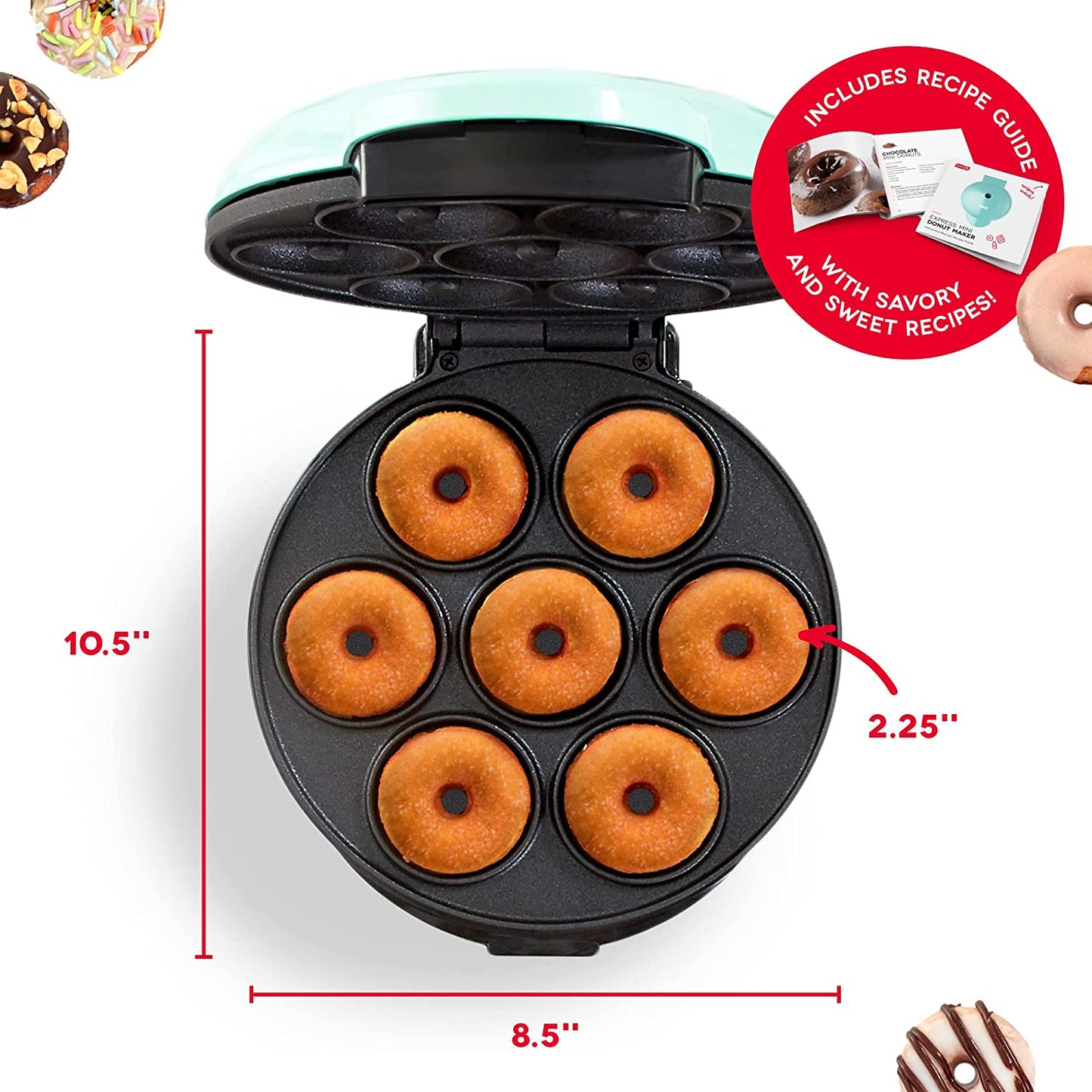  Mini Donut Maker with Non-stick Surface, Ideal for Kid-Friendly Breakfast, Snacks, Desserts & More, Produces 7 Doughnuts - Aqua