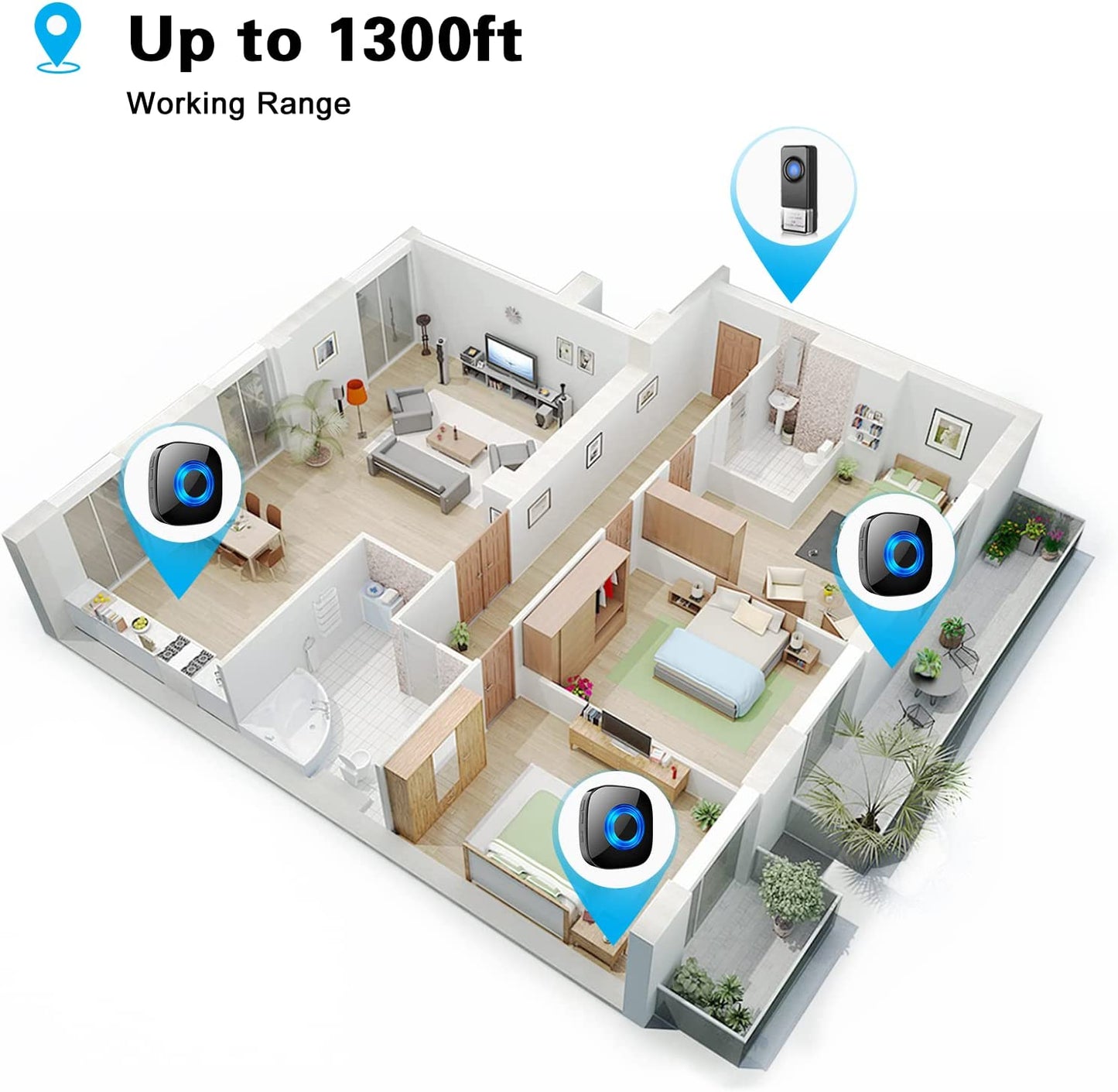 Waterproof Wireless Doorbell, Door Bell Chimes with Mute Mode, 58 Door Chimes, 5 Volume Levels, 1300-ft Range, 4 Receivers & 2 Doorbell Buttons for Home with LED Strobe, Black