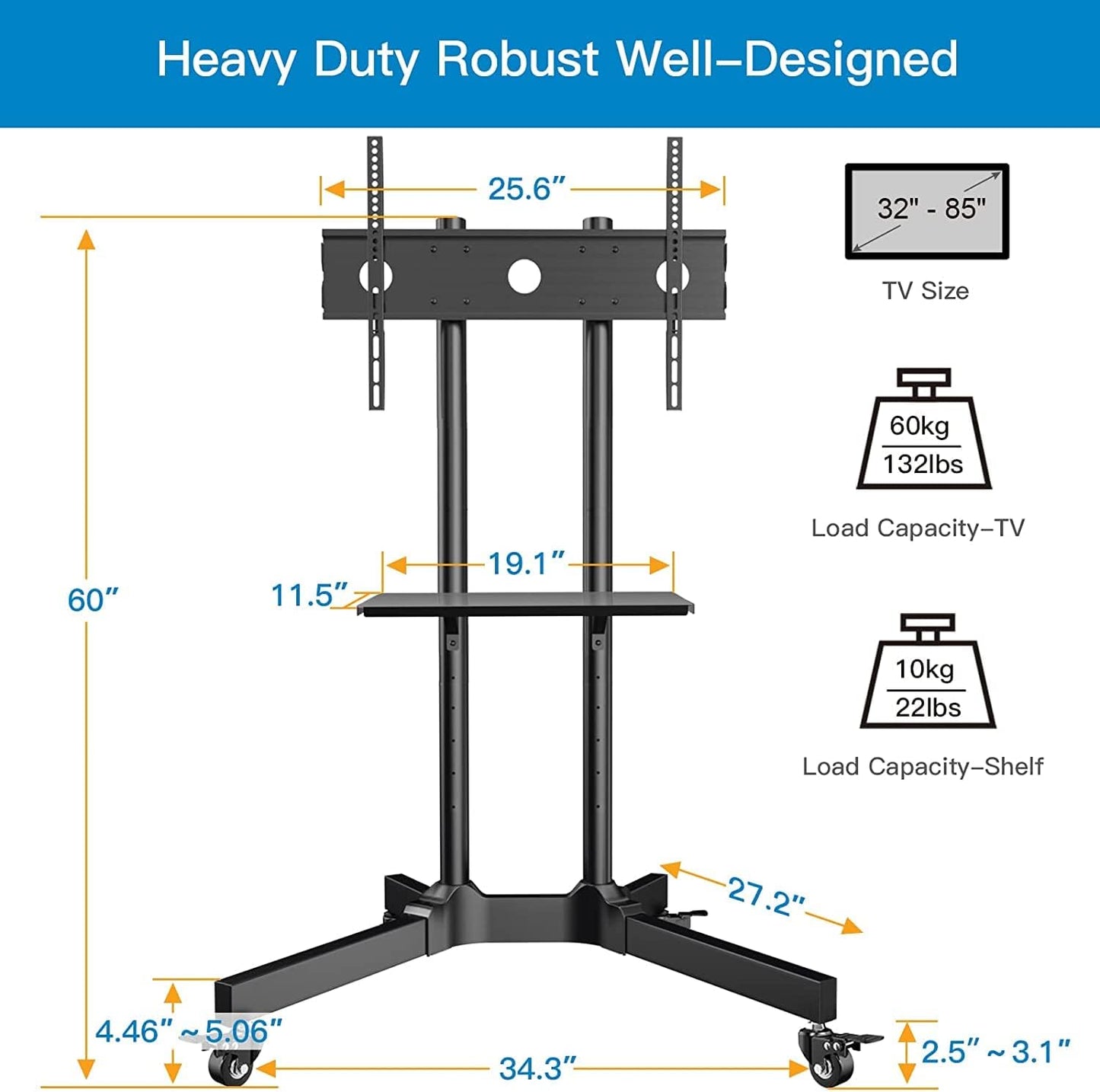 Mobile TV Cart with Wheels - Designed for 32-85 Inch LCD LED Plasma Flat Screen TVs - Height Adjustable Rolling TV Stand - Can Hold up to 132 lbs - Features a Floor Stand with Tray - Maximum VESA Compatibility: 600x400mm.