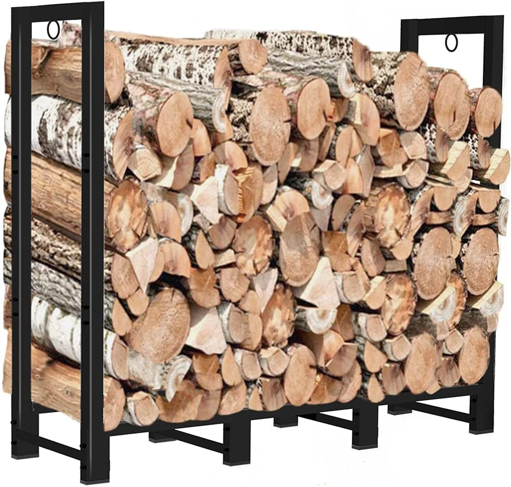 4-Foot Outdoor Firewood Rack Holder - Designed for Fireplace Wood Storage, this Adjustable Fire Log Stacker Stand Black