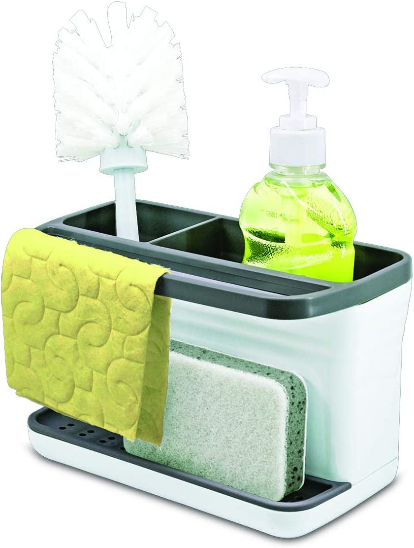 Kitchen Sink Organizer Caddy with 2 Compartments - Designed for Sponge, Soap, Scrubber Brush, and Dish Cloth; Drain Holes and Pour Spout Keep Countertop Dry.