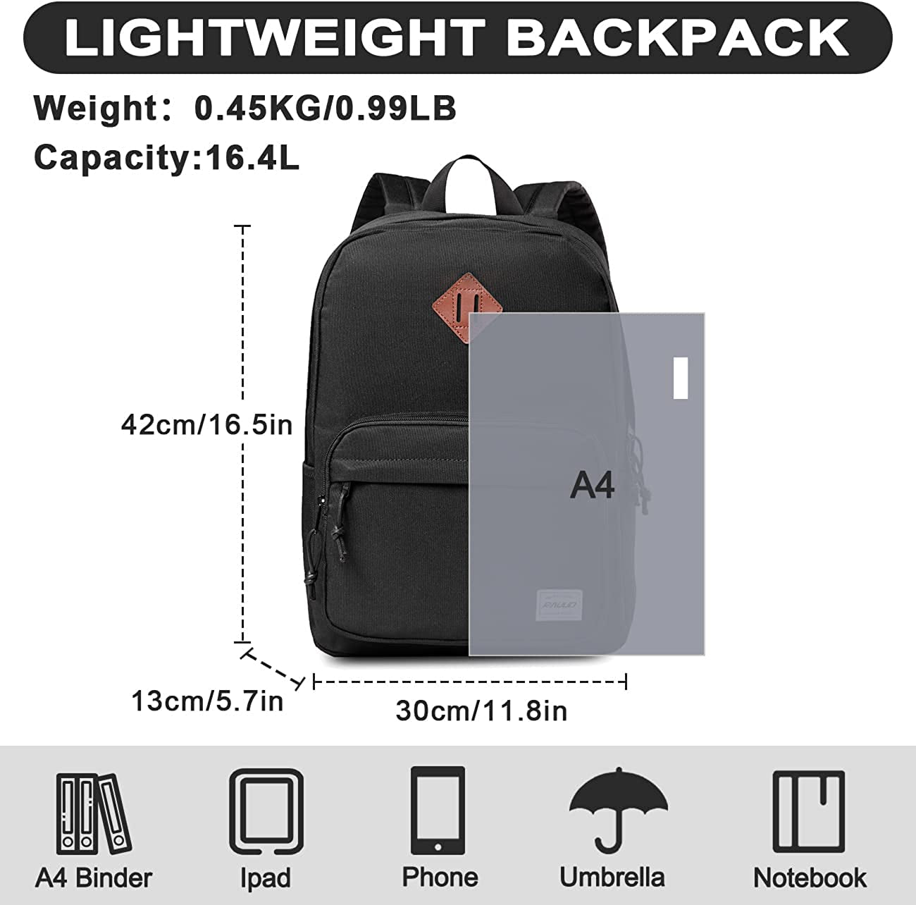 Lightweight Backpack for School, Water Resistant Classic Basic Bookbag Casual Daypack for Travel with Two Front Pockets