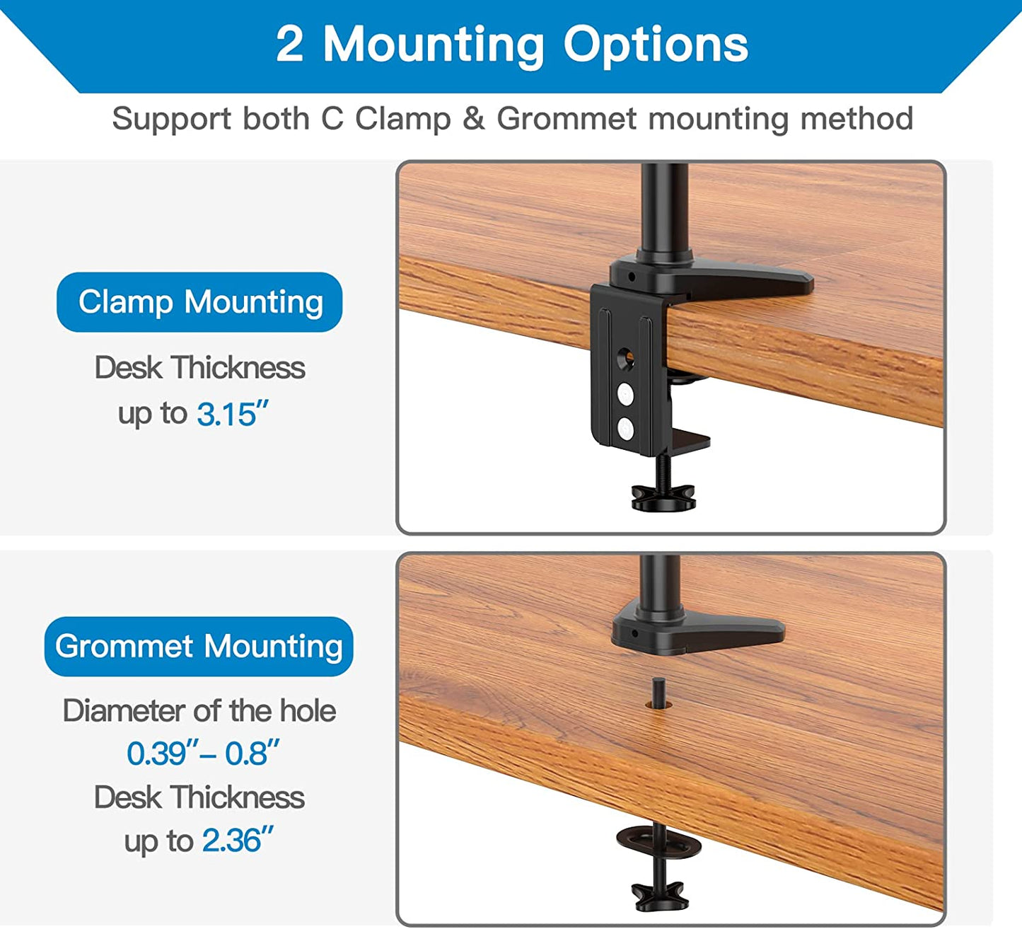 Triple Monitor Stand - Fully Adjustable Aluminum Gas Spring Mount for Three 17-32 inch LCD Computer Screens with Clamp, Grommet Kit - Black