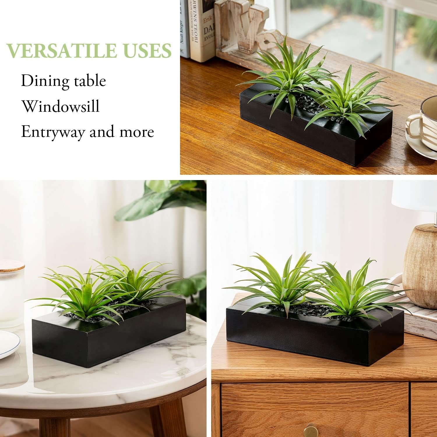 Artificial Green Grass Plants in Elegant Rectangular Planter Pot with Black Wood Finish