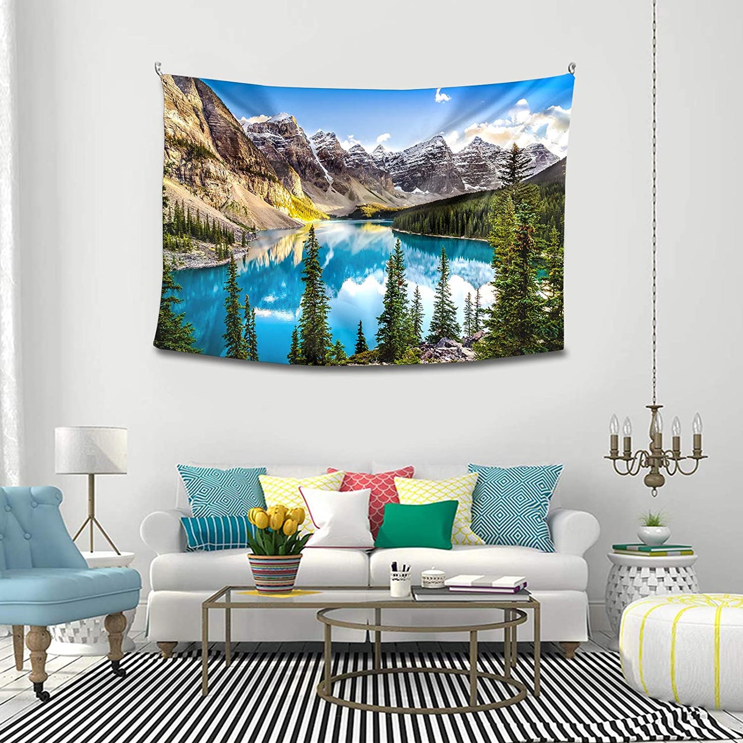 Moraine Lake Sunset Landscape Tapestry - 59.1x78.7 Inch Forest & Mountain Range Wall Hanging