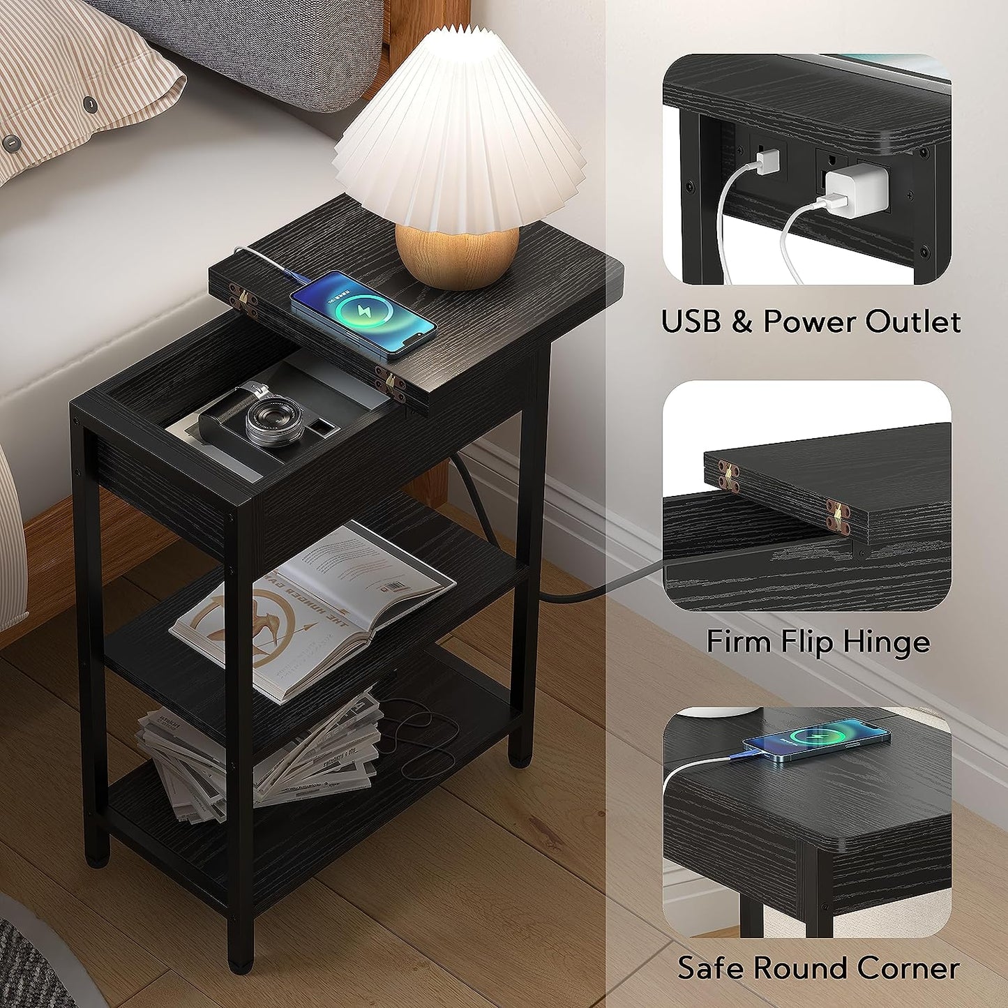 Charging Station End Table: Narrow Couch Side Table with USB Port, Outlet, and Flip-Top Design - Ideal for Small Spaces in Living Room or Bedroom - Color: Black