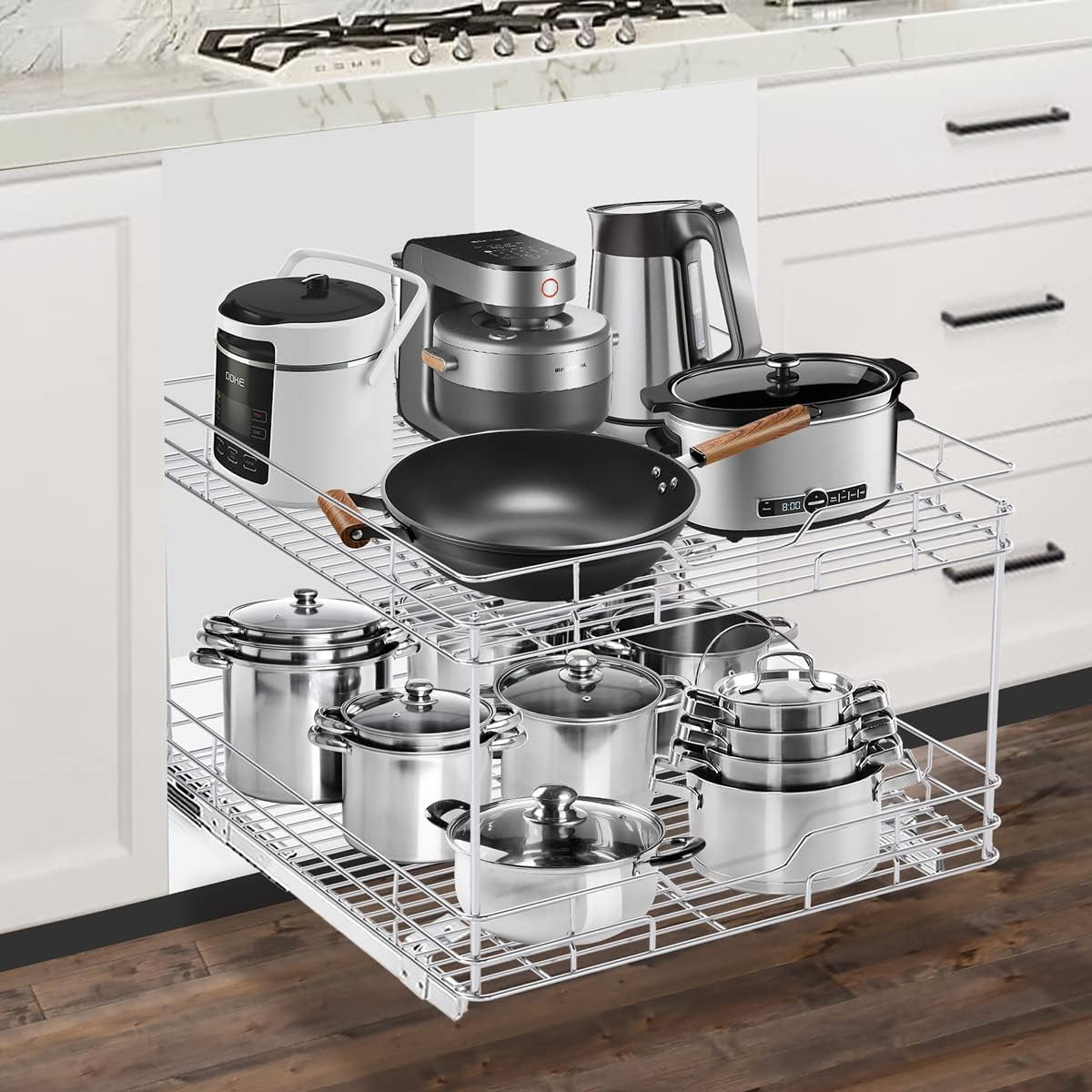 Bonadom 2 Tier Pull Out Cabinet Drawer Organizer –Heavy Duty Slide Out Kitchen Cabinet Storage Shelves -21''Dx20''W - Requires at Least a 20” Cabinet Opening, Wire Frame, Chrome Finish
