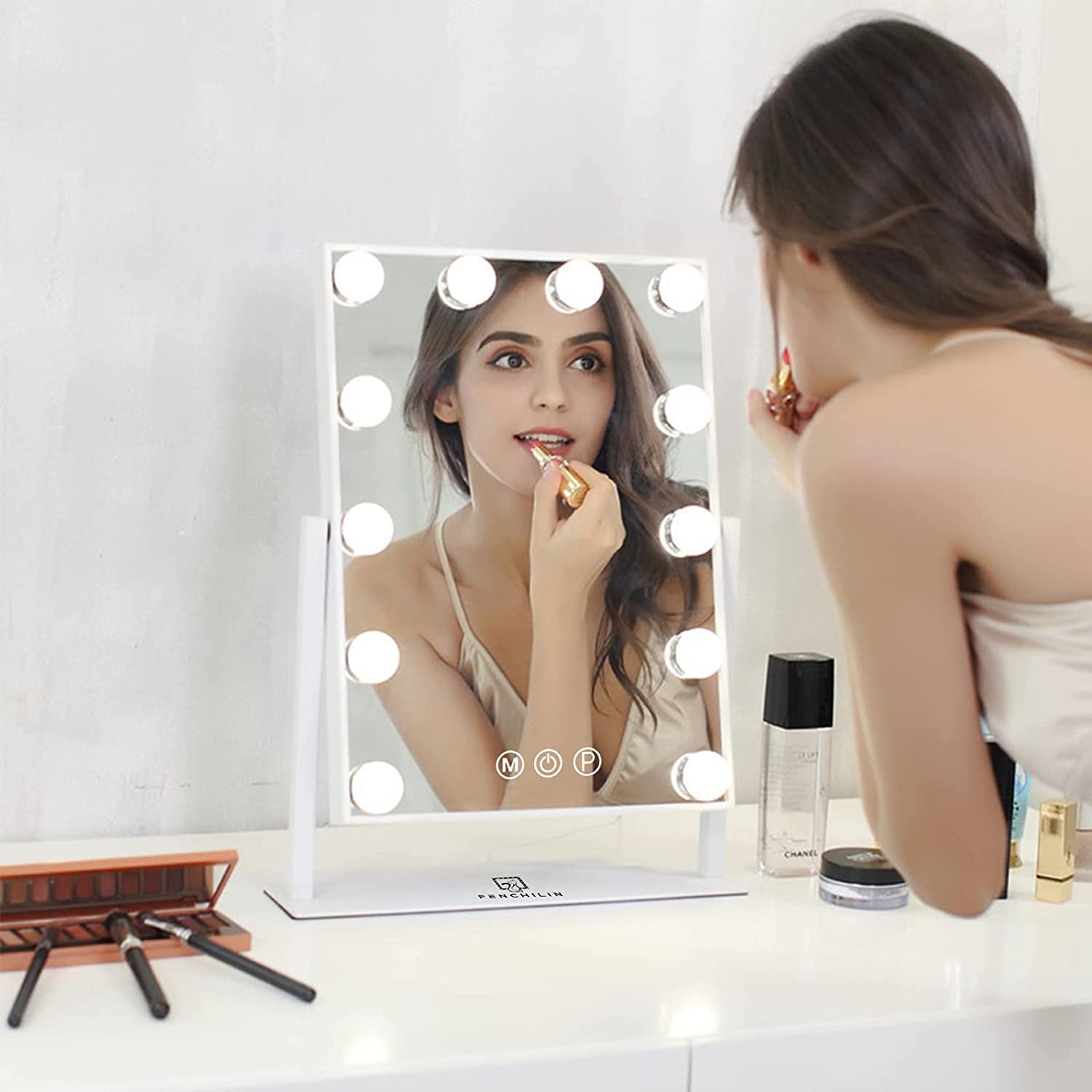 Hollywood-style Lighted Makeup Mirror - Vanity Mirror with Smart Touch Control - Features 3 Dimmable Light Colors - Includes Detachable 10X Magnification - Offers 360° Rotation - Elegant White Design.