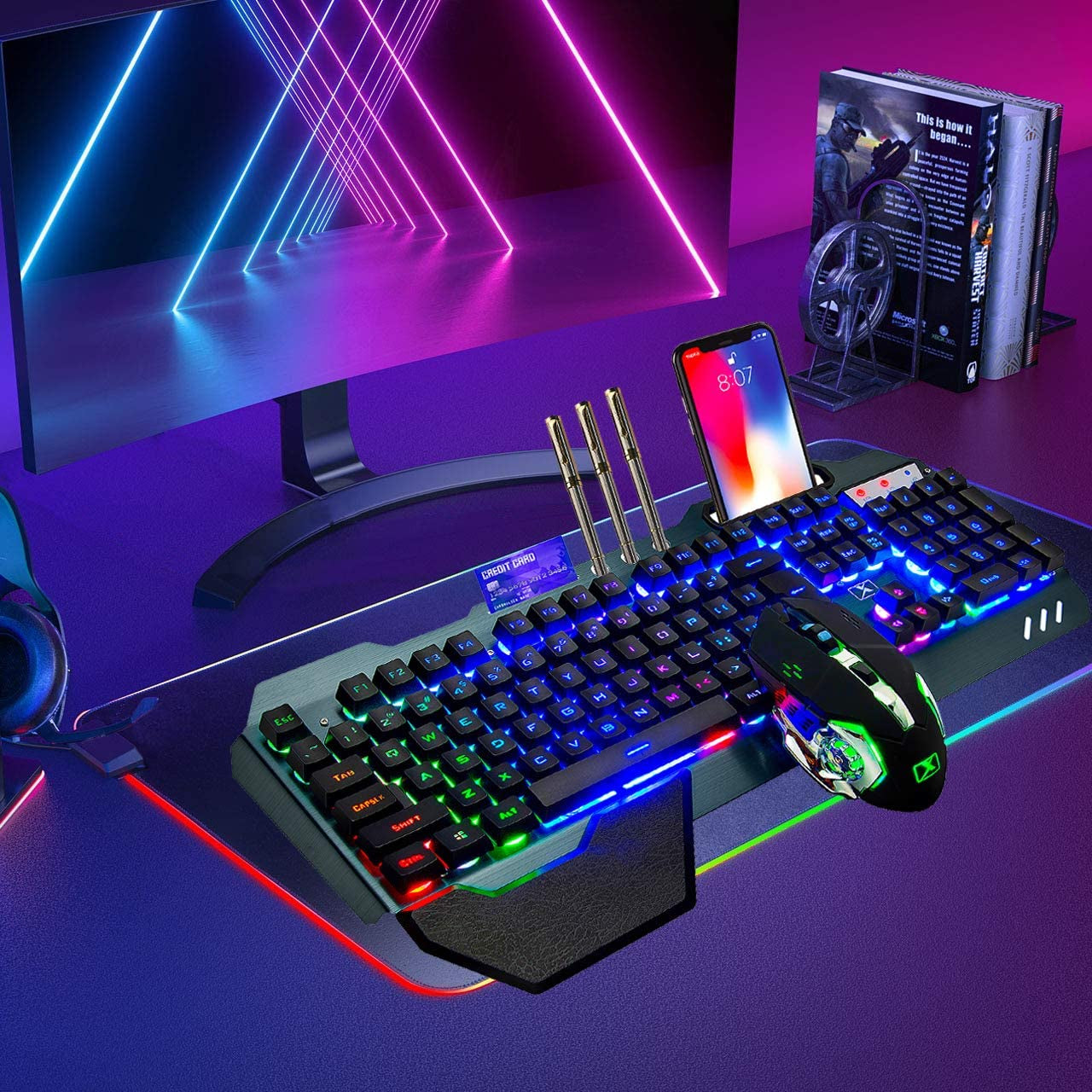 Wireless Gaming Keyboard and Mouse Set with Rainbow Backlight, Rechargeable Keyboard Mouse Combo featuring 3800mAh Battery, Metal Panel, Removable Hand Rest, Mechanical Feel Keyboard, and 7 Color Gaming Mouse for PC Gamers