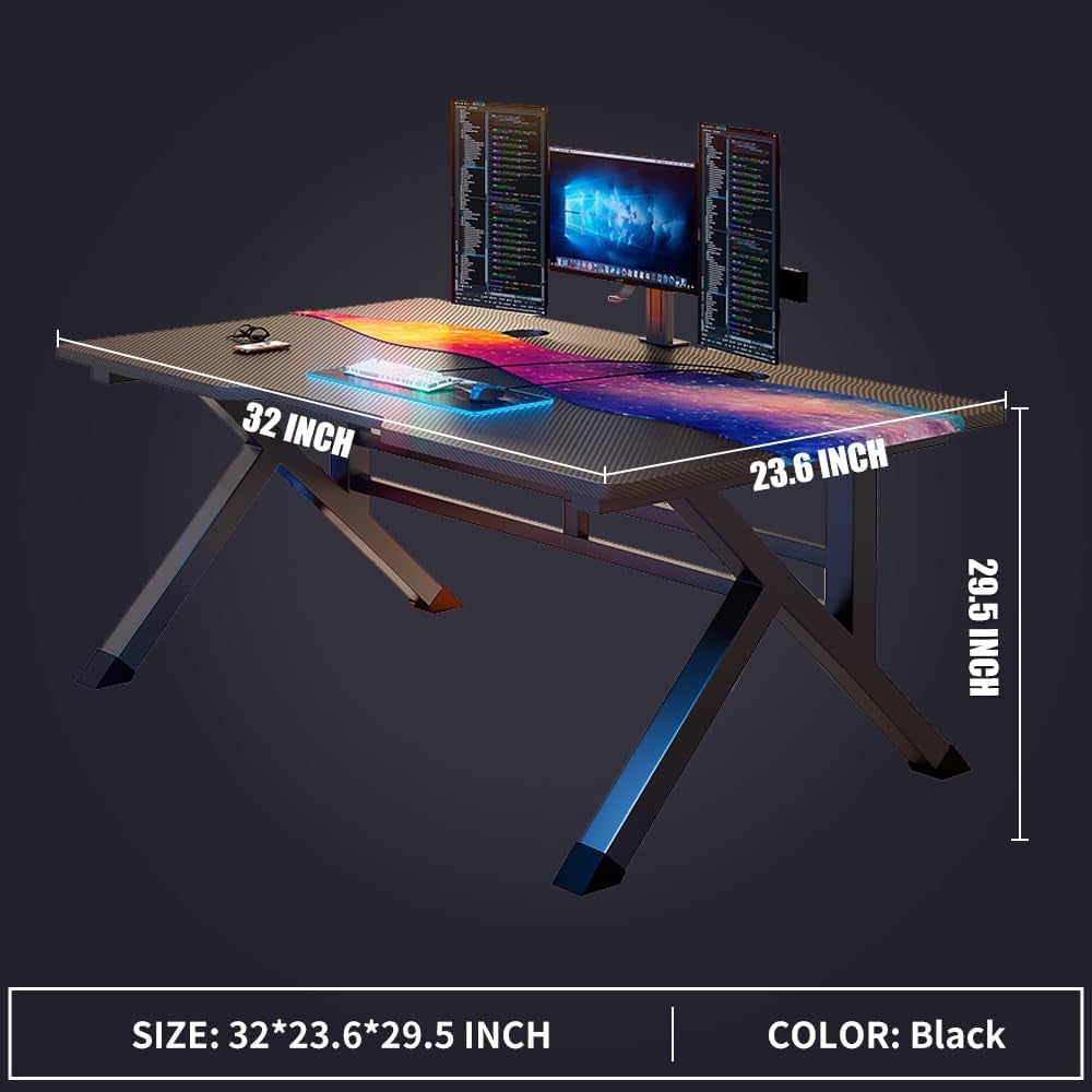 32 Inch Gaming Computer Desk - Sturdy Ergonomic Design - Suitable for Small Home Office - Easy Assembly - Features a Black Carbon Fiber Desktop - Perfect for PC and Laptop Use.