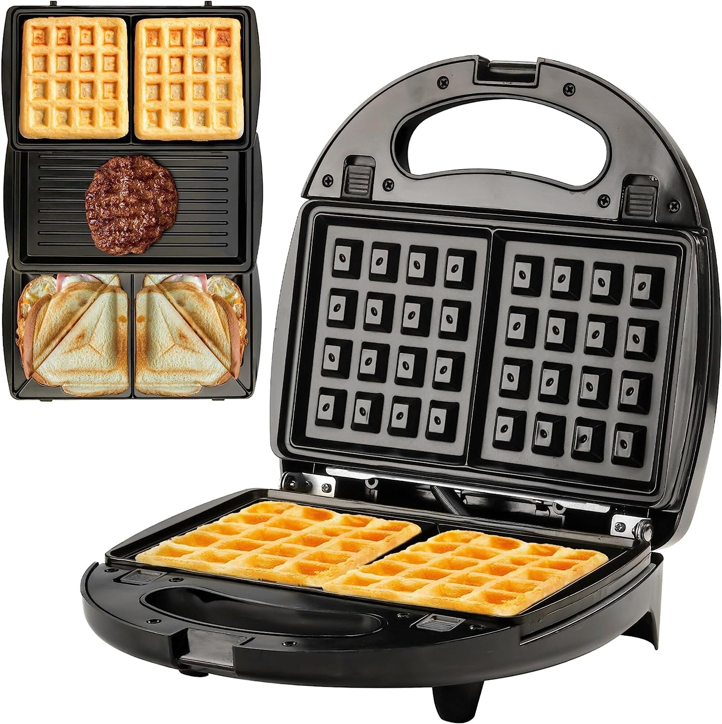 3-in-1 Electric Sandwich Maker: Features Detachable Non-Stick Waffle and Grill Plates. Operates at 750-Watts and includes LED Indicator Lights, Cool Touch Handle, and Anti-Skid Feet for safety and convenience.