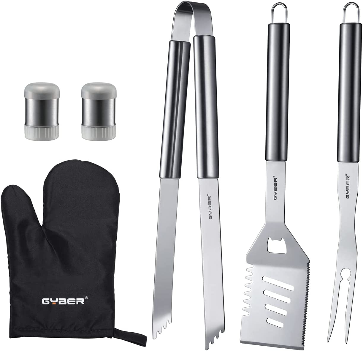 6-Piece Stainless Steel BBQ Grill Tool Set - Includes Spatula, Fork, Tongs, and More - Complete Outdoor Cooking Utensil Kit for Barbecue, Camping, and Grilling - Comes in a Convenient Box Packaging.