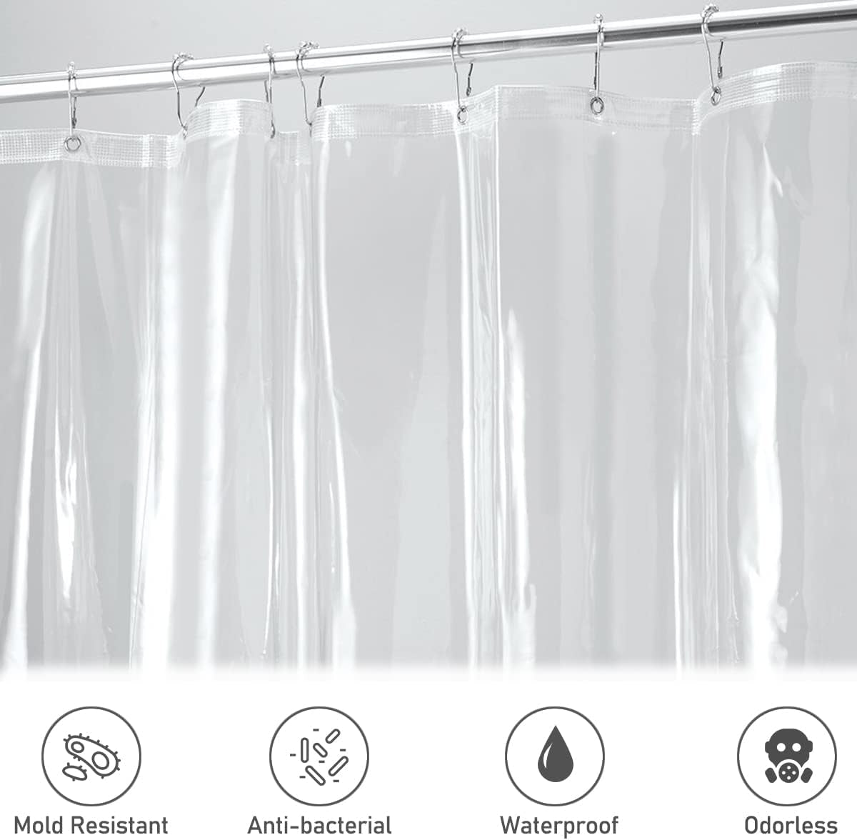 Heavy Duty Waterproof Clear Shower Curtain Liner - 72 x 72 Inches with Magnets, Rustproof Metal Grommets, and Plastic Shower Curtain Hooks